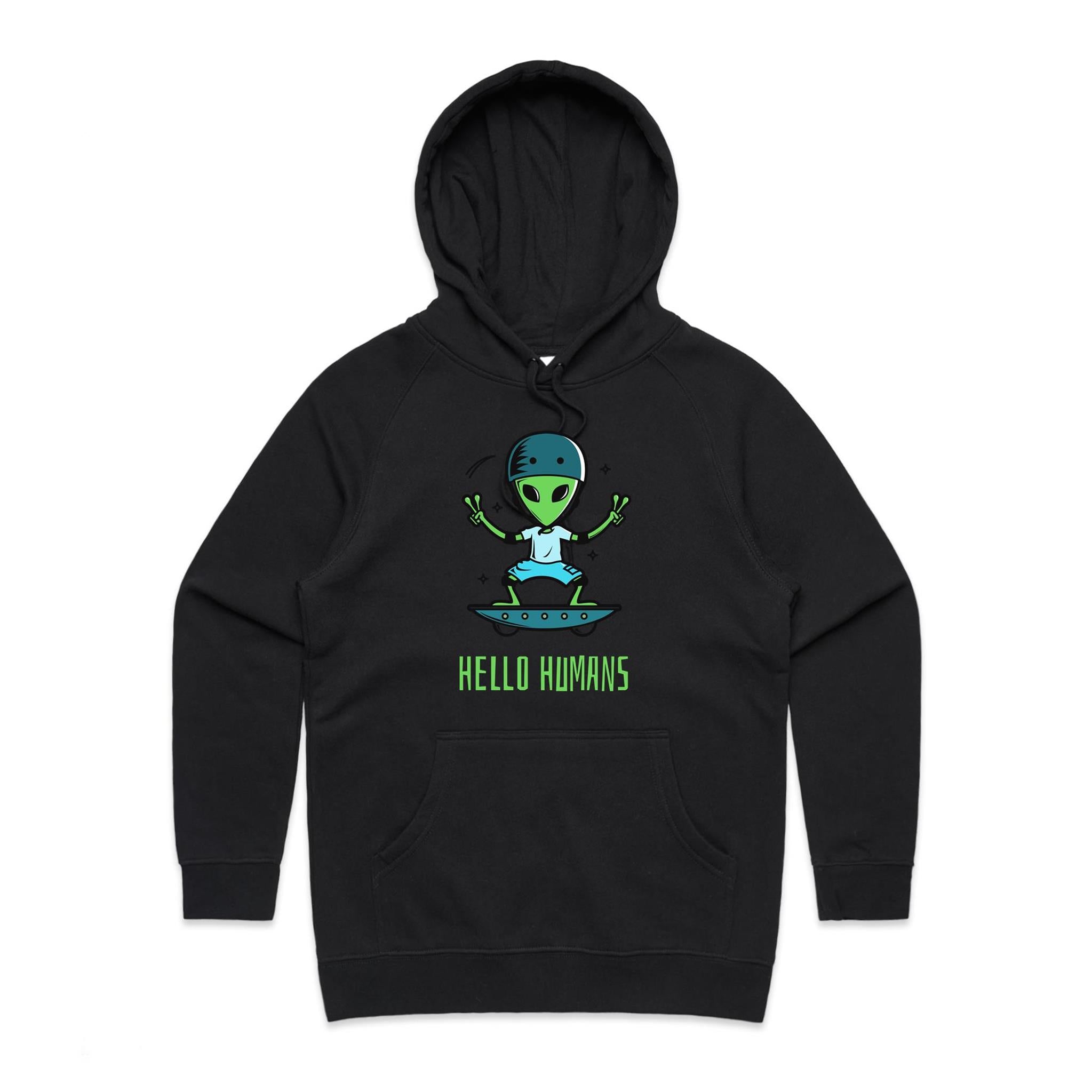 Alien, Hello Humans - Womens Hoodie Black Womens Hoodie Printed In Australia Sci Fi