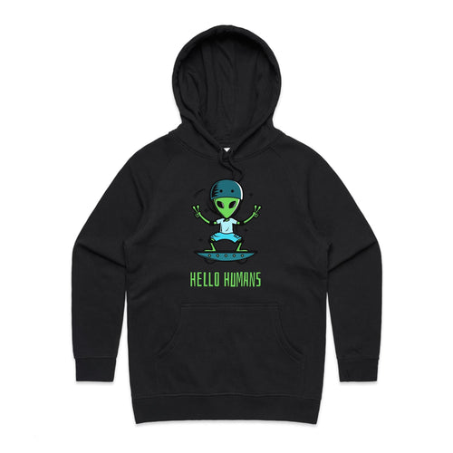 Alien, Hello Humans - Womens Hoodie Black Womens Hoodie Printed In Australia Sci Fi