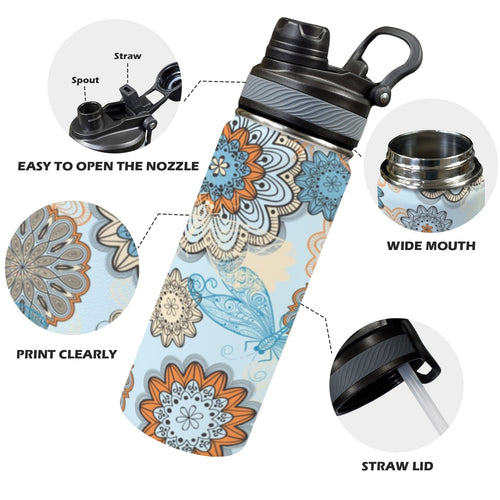 Blue Butterfly Flower - Insulated Water Bottle with Dual-Use Lid (18oz) Insulated Water Bottle with Dual-Use Lid (18oz) Plants Printed Offshore