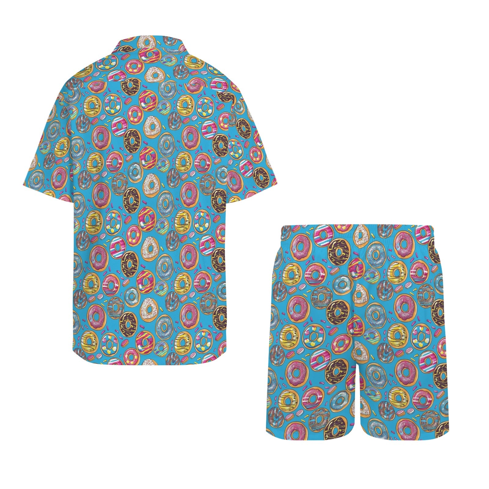 Doughnuts On Blue Men's Hawaiian Shirt & Shorts Set Men's Hawaiian Shirt & Shorts Set Food Printed Offshore