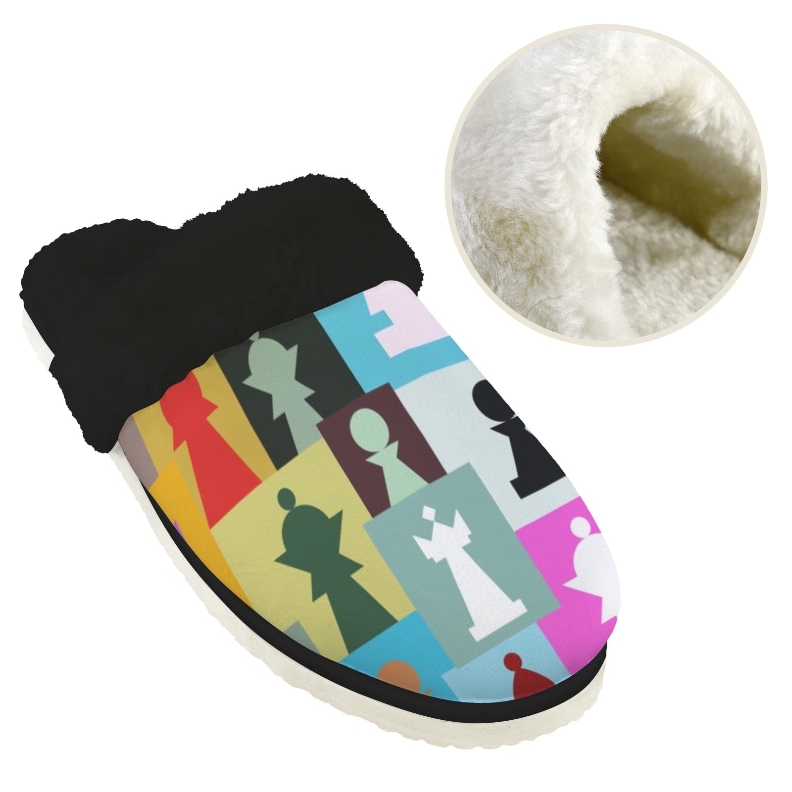 Colourful Chess Women's Fur Trim Thick-Sole Indoor Slippers Women's Fur Trimmed Slippers Chess Games Printed Offshore
