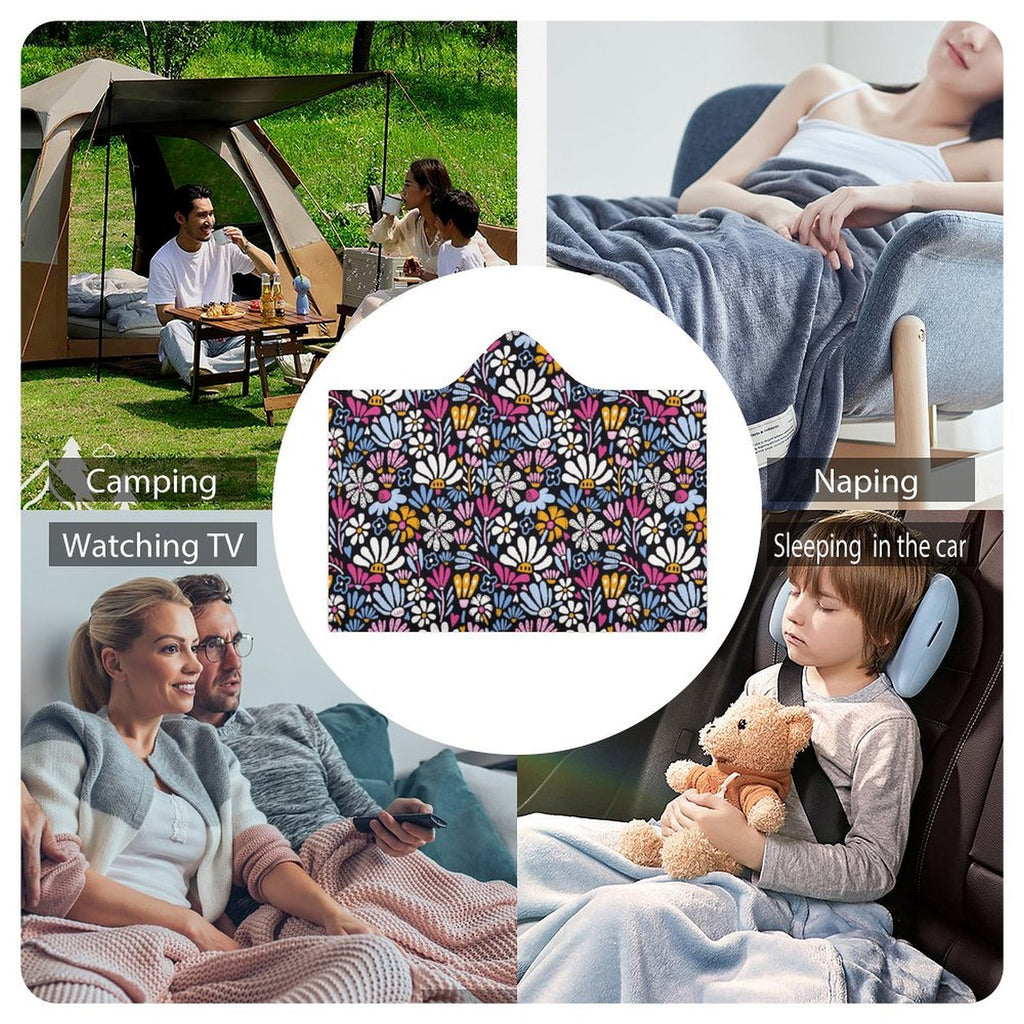 Graphic Flowers On Black Kids Hooded Blanket 100cm x 130cm Kids Hooded Blanket Plants Printed Offshore