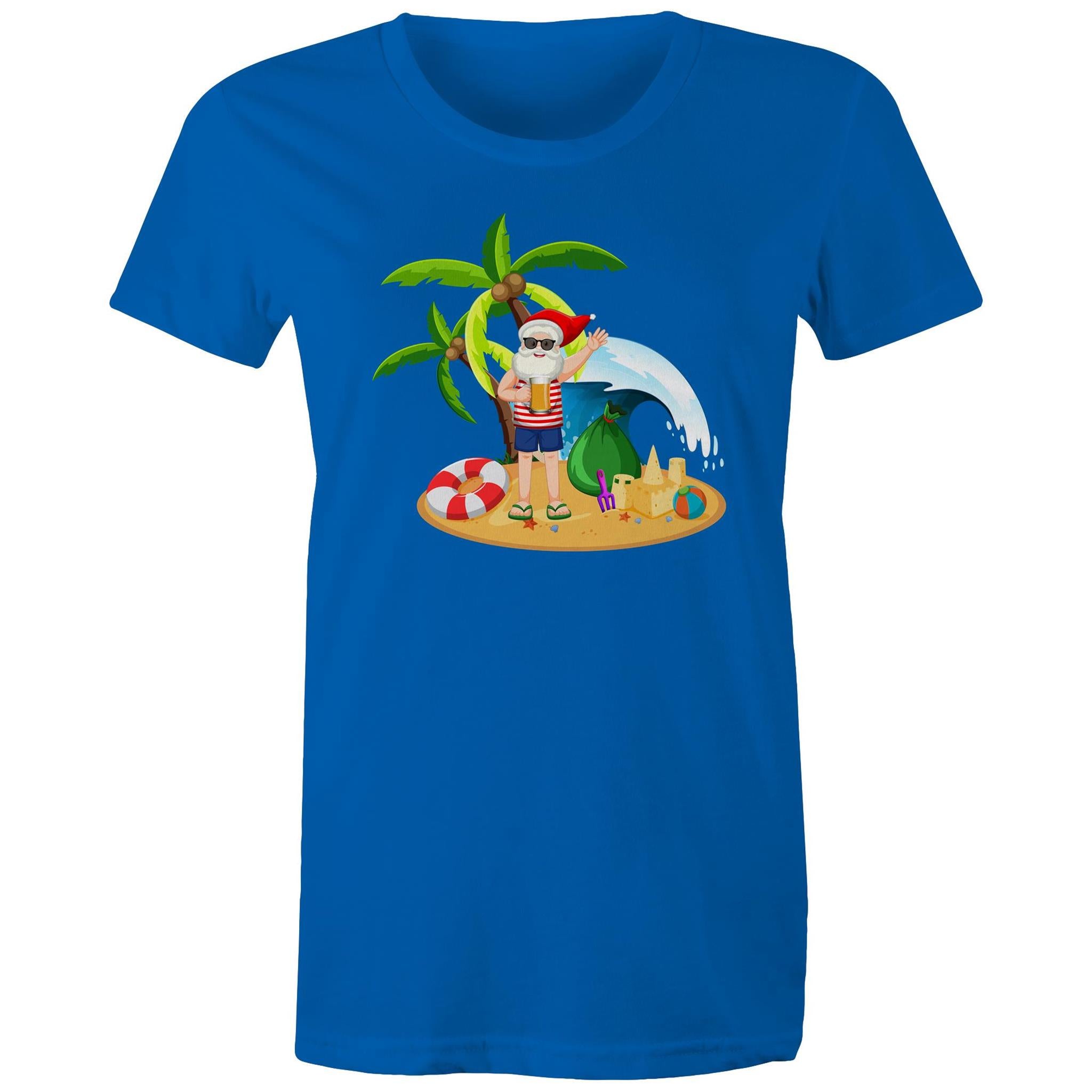 Summer Surf Santa - Womens T-shirt Bright Royal Womens Christmas T-shirt Christmas Printed In Australia