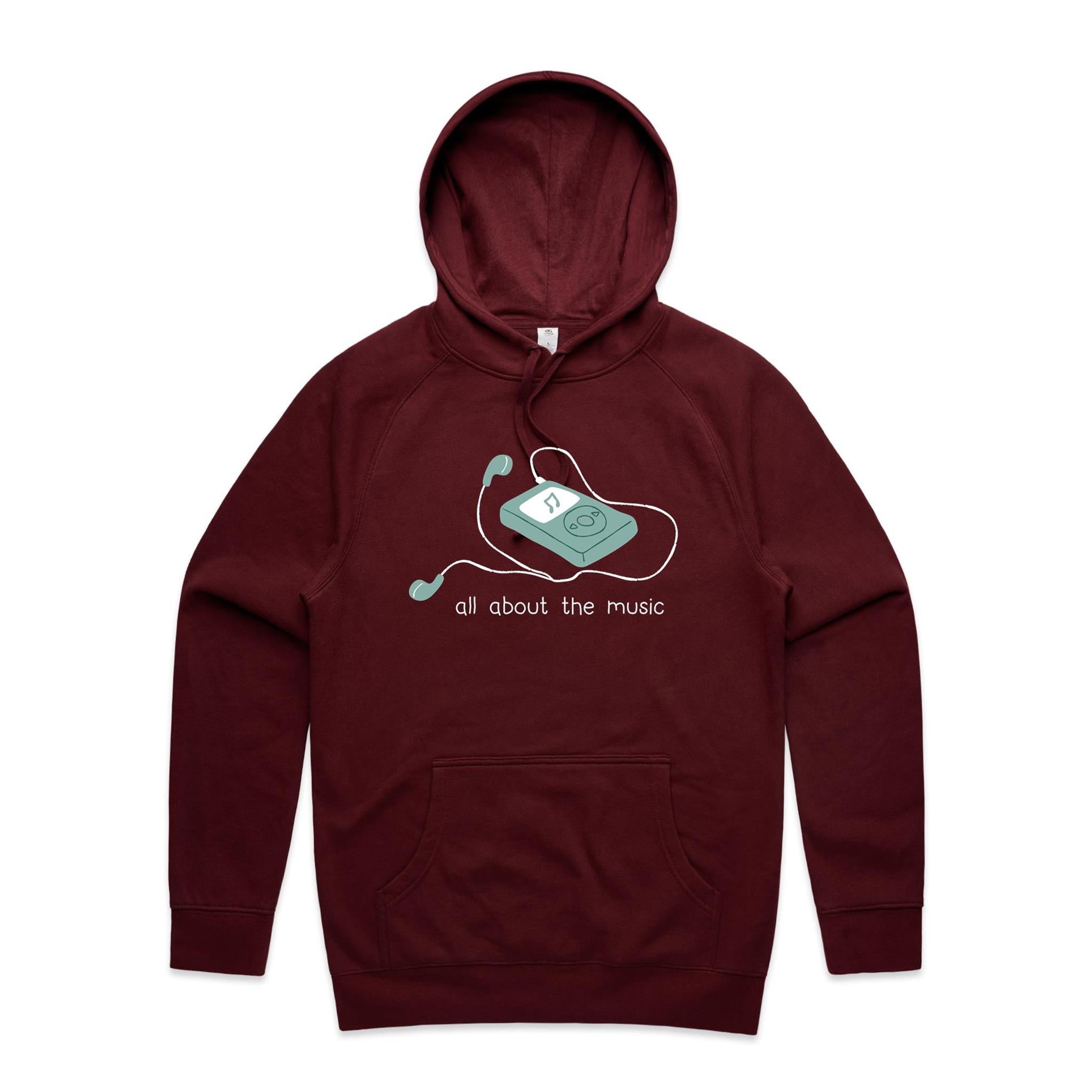All About The Music, Earbuds - Mens Hoodie Burgundy Mens Hoodie Music Printed In Australia