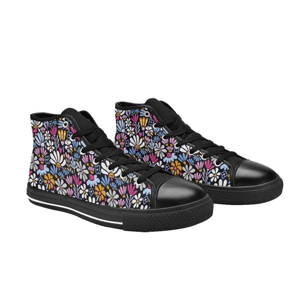 Graphic Flowers On Black Kids High Top Canvas Shoes