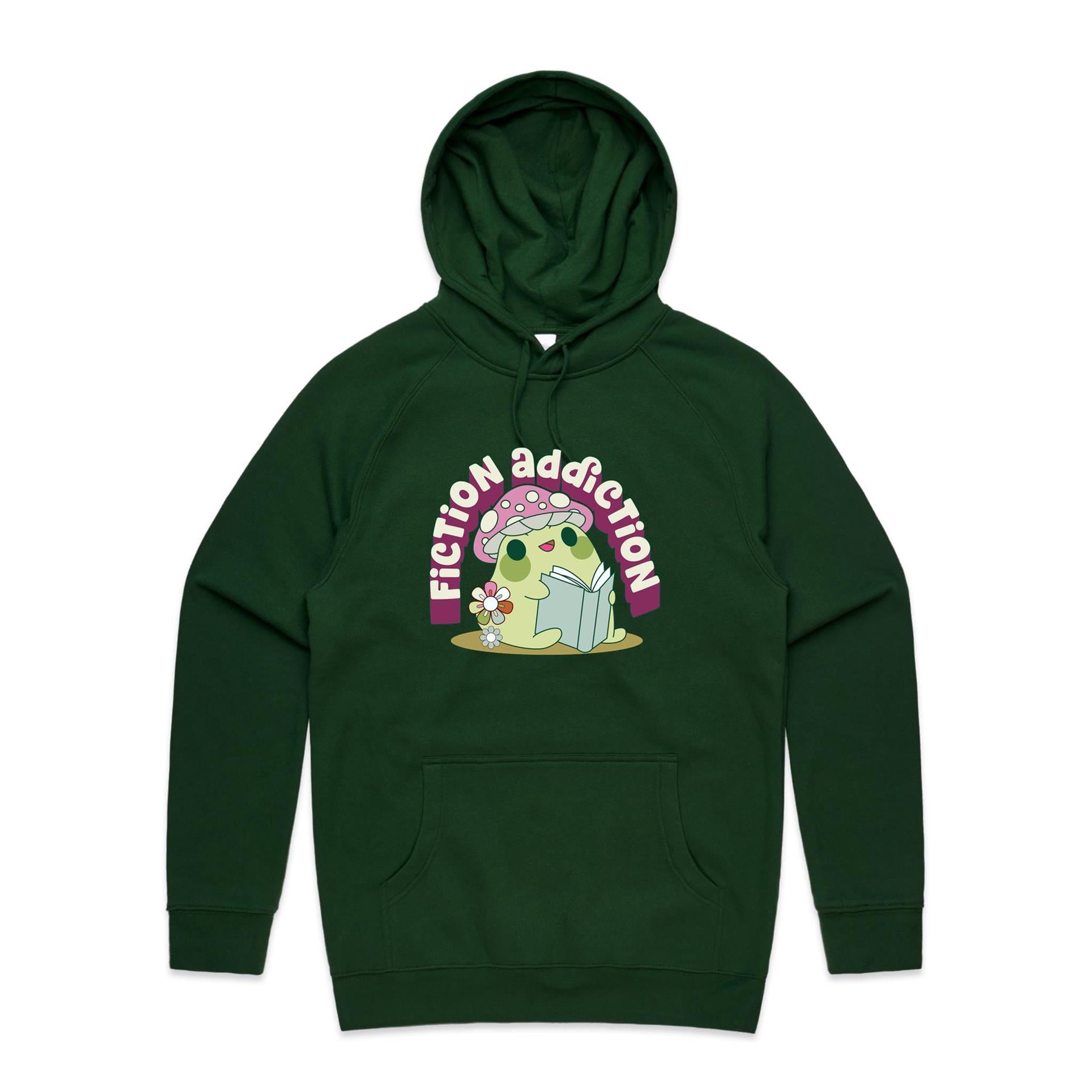 Fiction Addiction - Mens Hoodie Forest Green Mens Hoodie Printed In Australia Reading