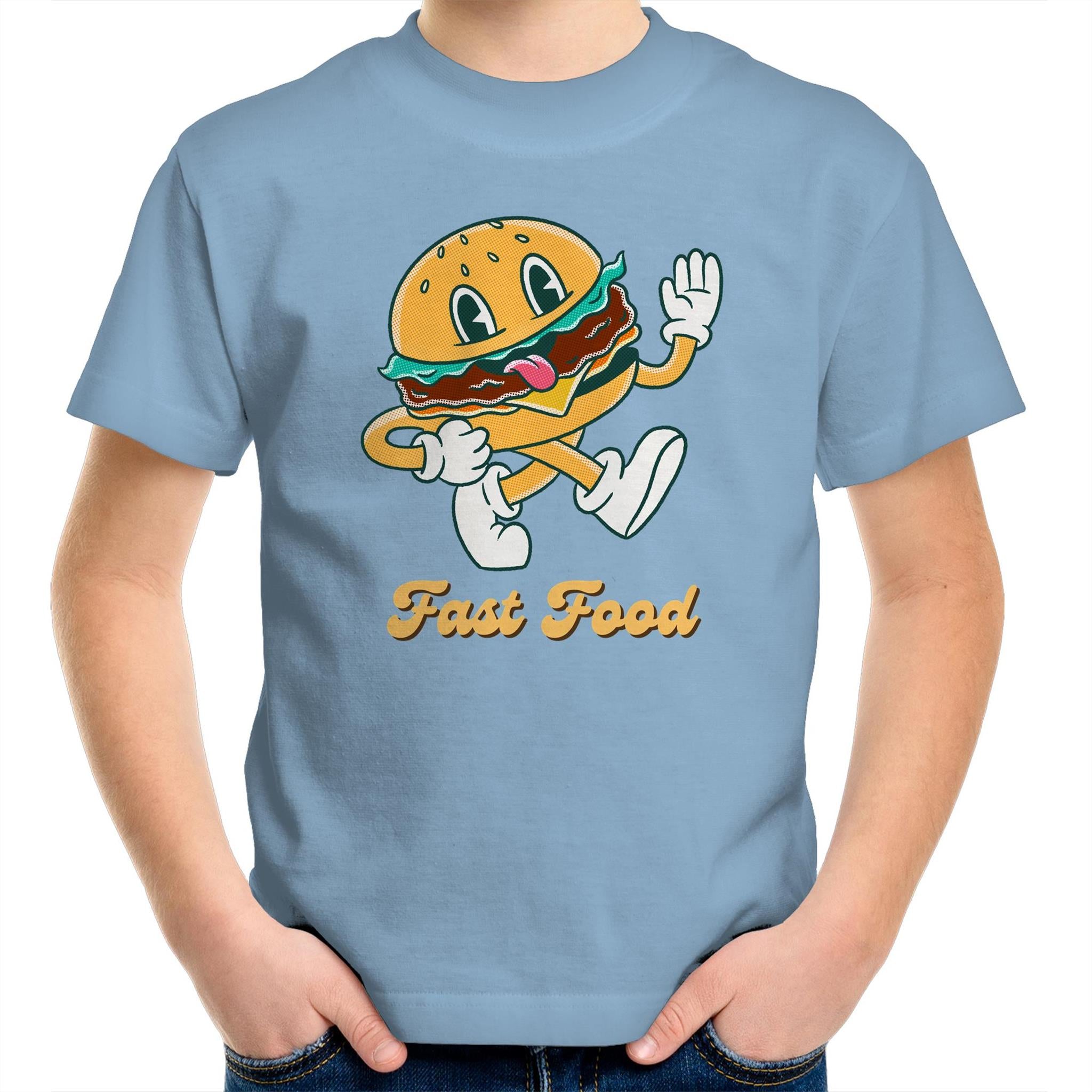 Fast Food, Hamburger - Kids Youth T-Shirt Carolina Blue Kids Youth T-shirt Food Printed In Australia Retro
