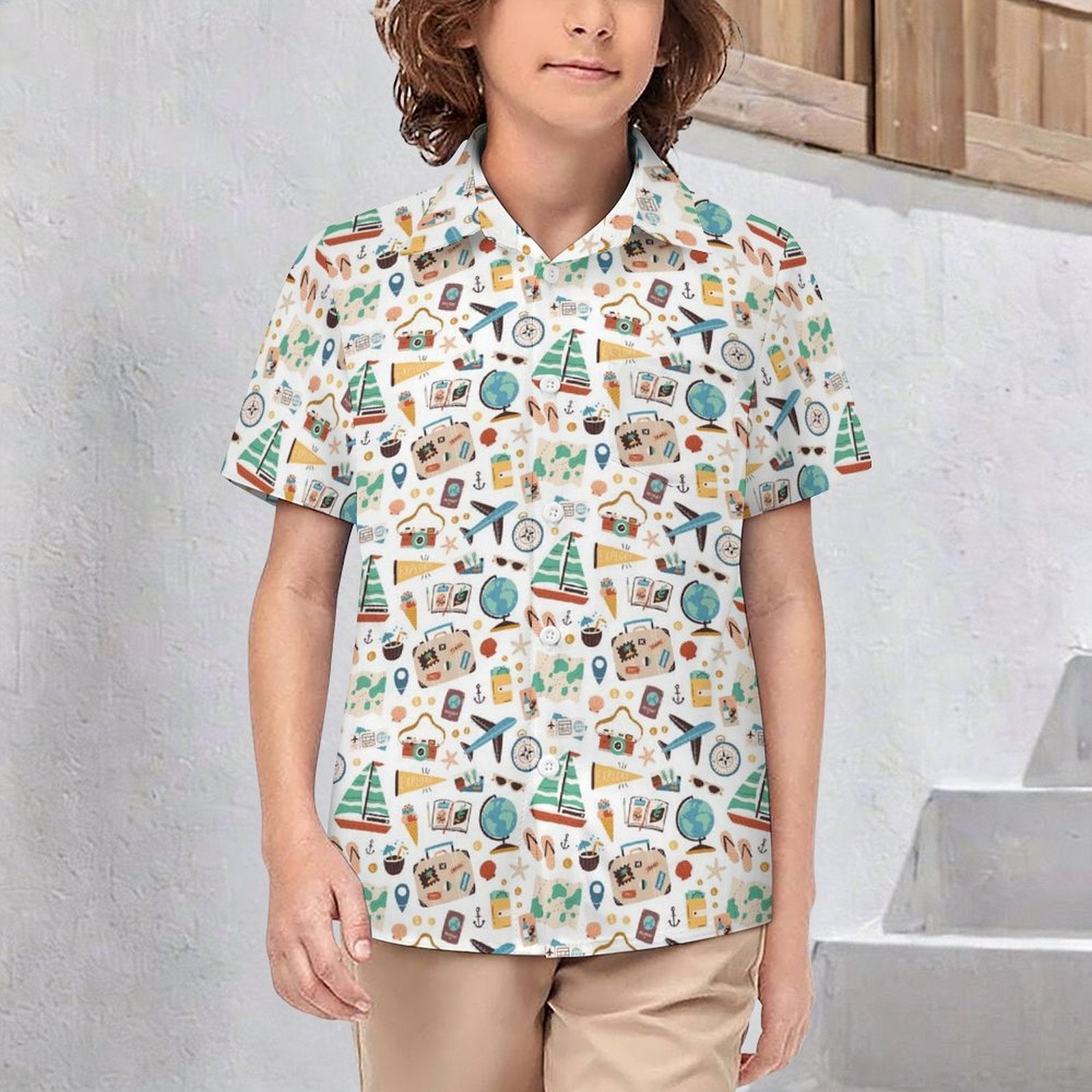 Travel And Explore Kids Youth Short Sleeve Button Up Shirt
