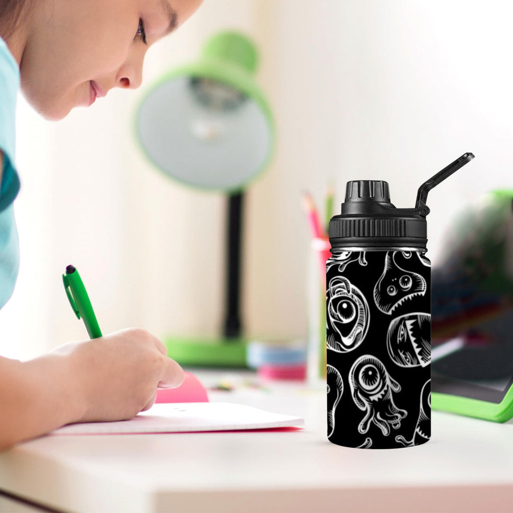 Monsters In Black And White Kids Water Bottle with Chug Lid (12 oz) Kids Water Bottle with Chug Lid Printed Offshore Sci Fi