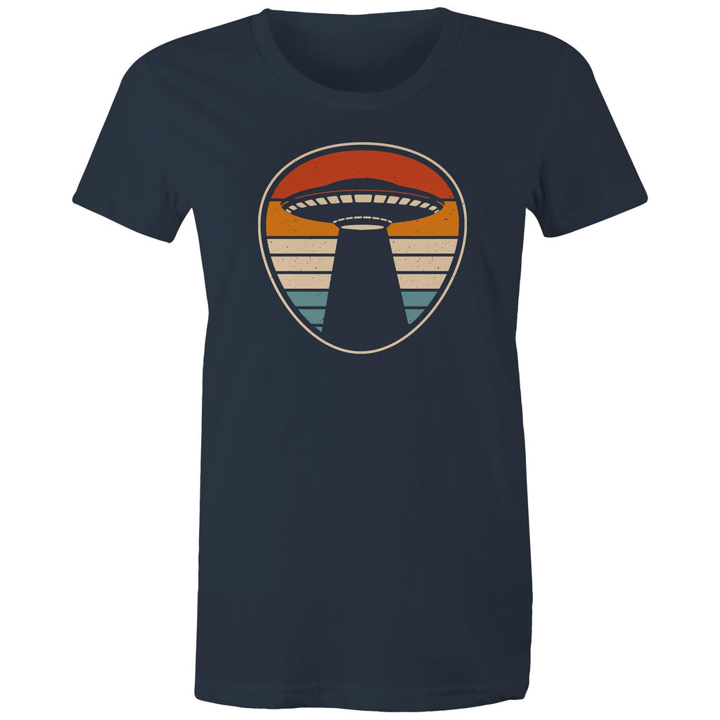 UFO, Retro Stripes - Womens T-shirt Navy Womens T-shirt Printed In Australia