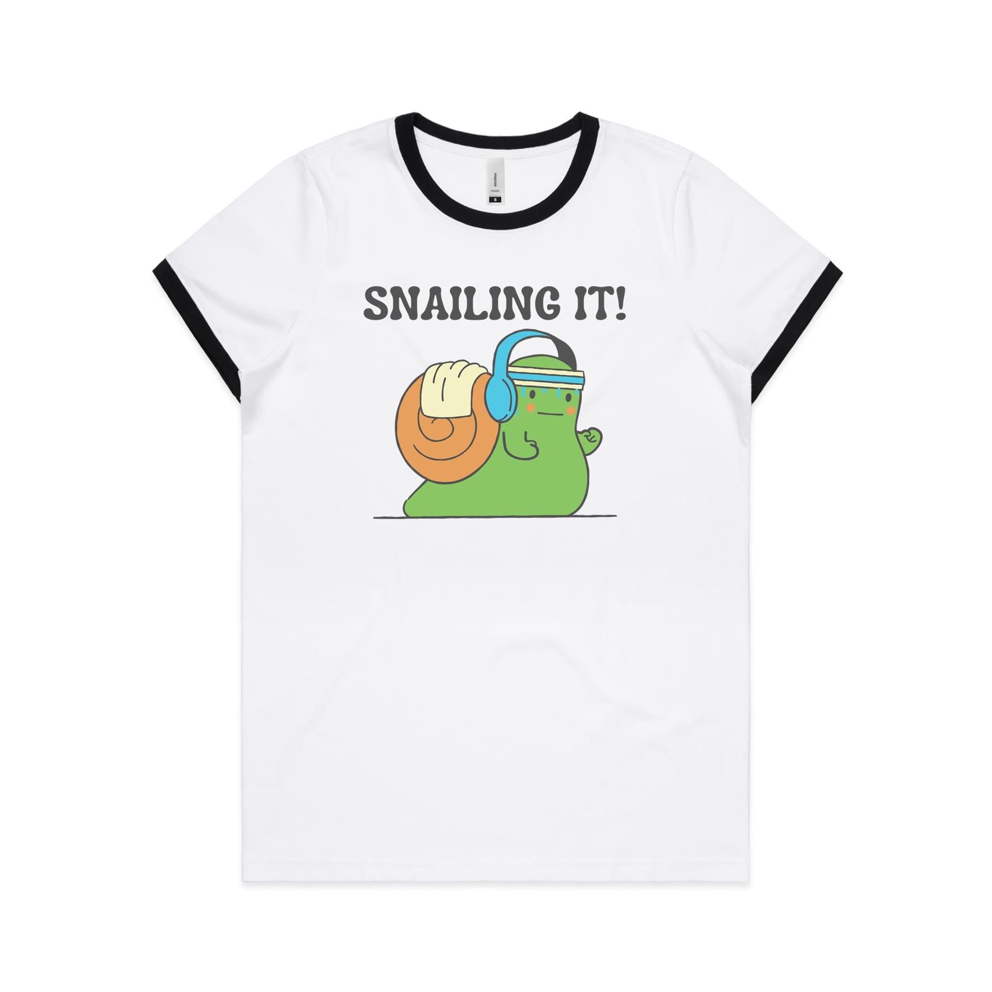 Snailing It - Women's Ringer Tee White Black Womens Ringer T-shirt animal Fitness Printed In Australia
