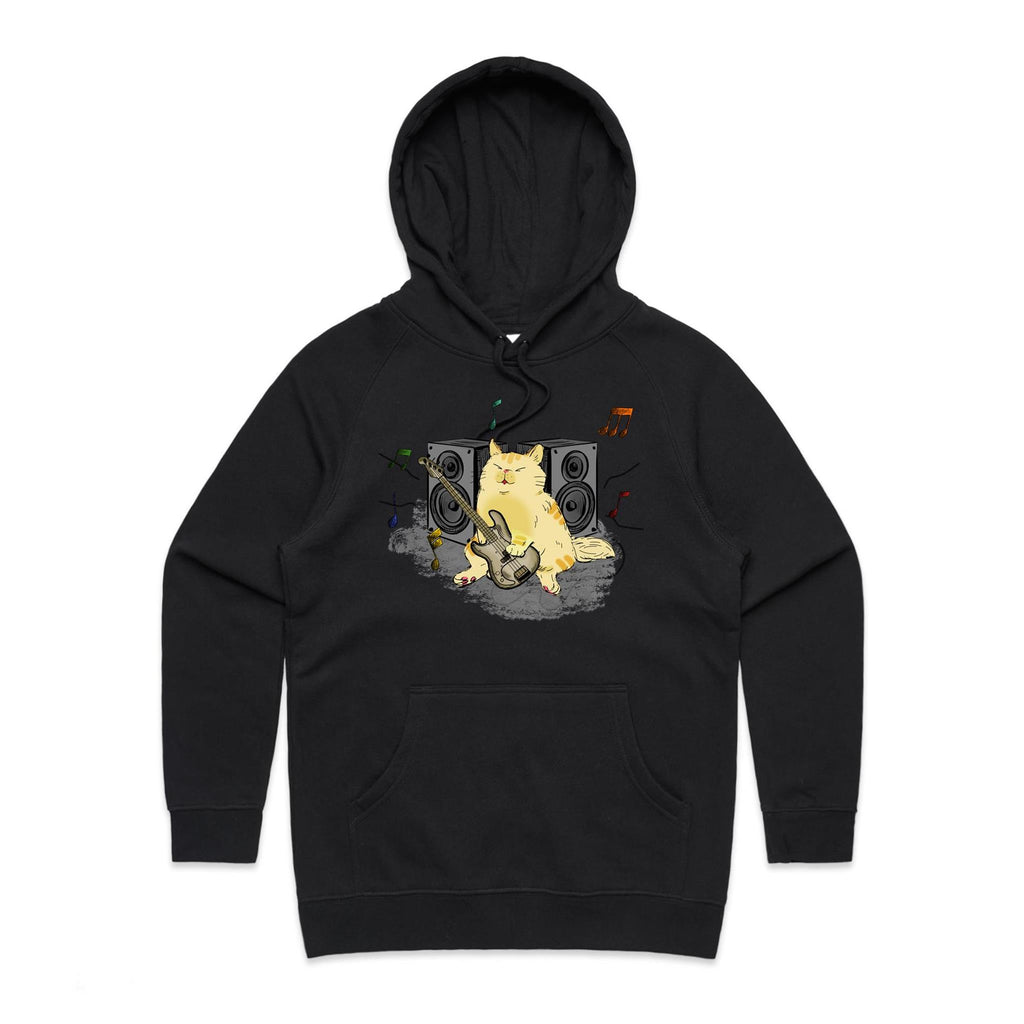 Cat Bass Player - Womens Hoodie Black Womens Hoodie animal Music Printed In Australia