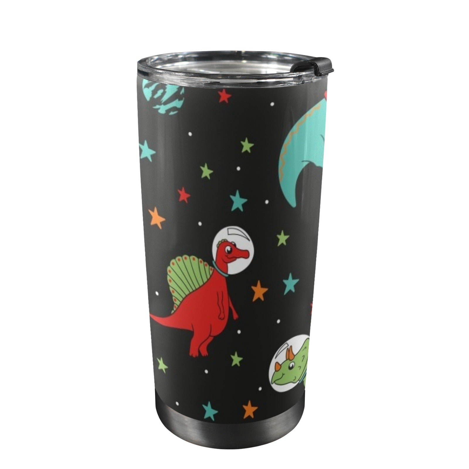Astronaut Dinosaurs - 20oz Mobile Tumbler with Lid (Black Lock) One Size 20oz Travel Mug animal Printed Offshore Space