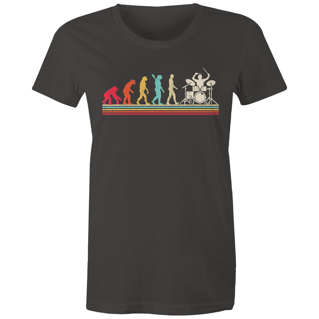 Drummer Evolution - Womens T-shirt Charcoal Womens T-shirt Music Printed In Australia