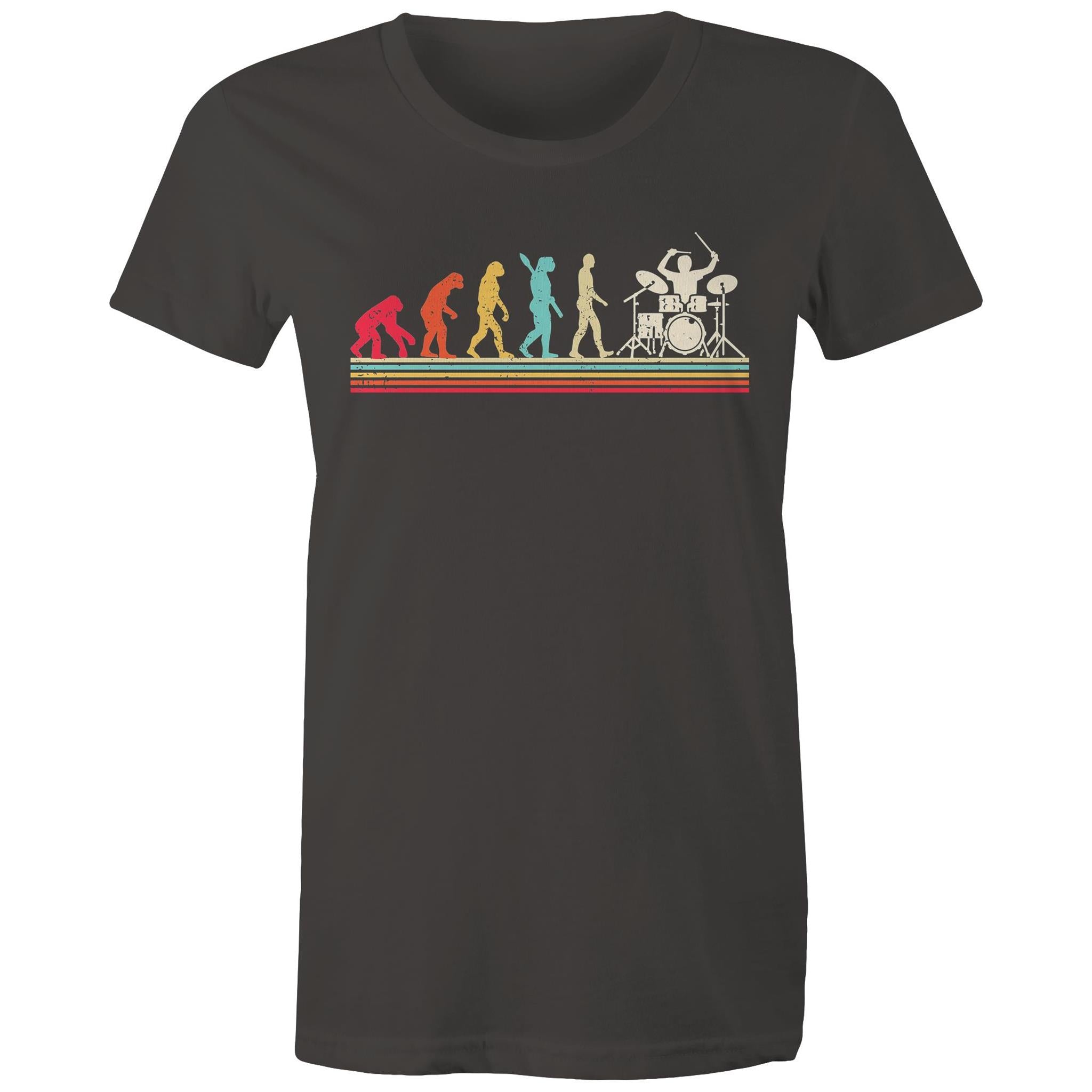 Drummer Evolution - Womens T-shirt Charcoal Womens T-shirt Music Printed In Australia
