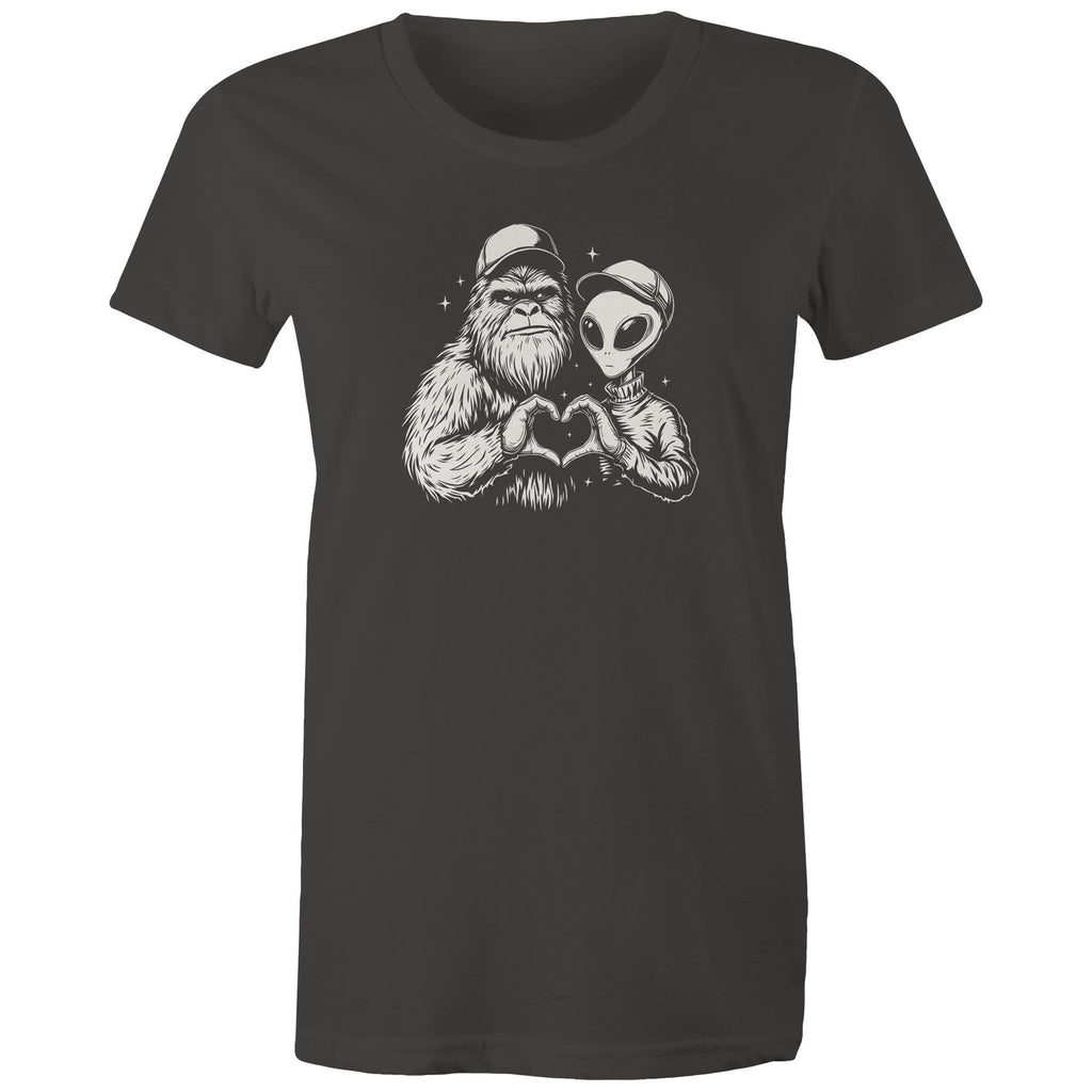 Alien Bigfoot Heart Hands - Womens T-shirt Charcoal Womens T-shirt Love Printed In Australia Sci Fi