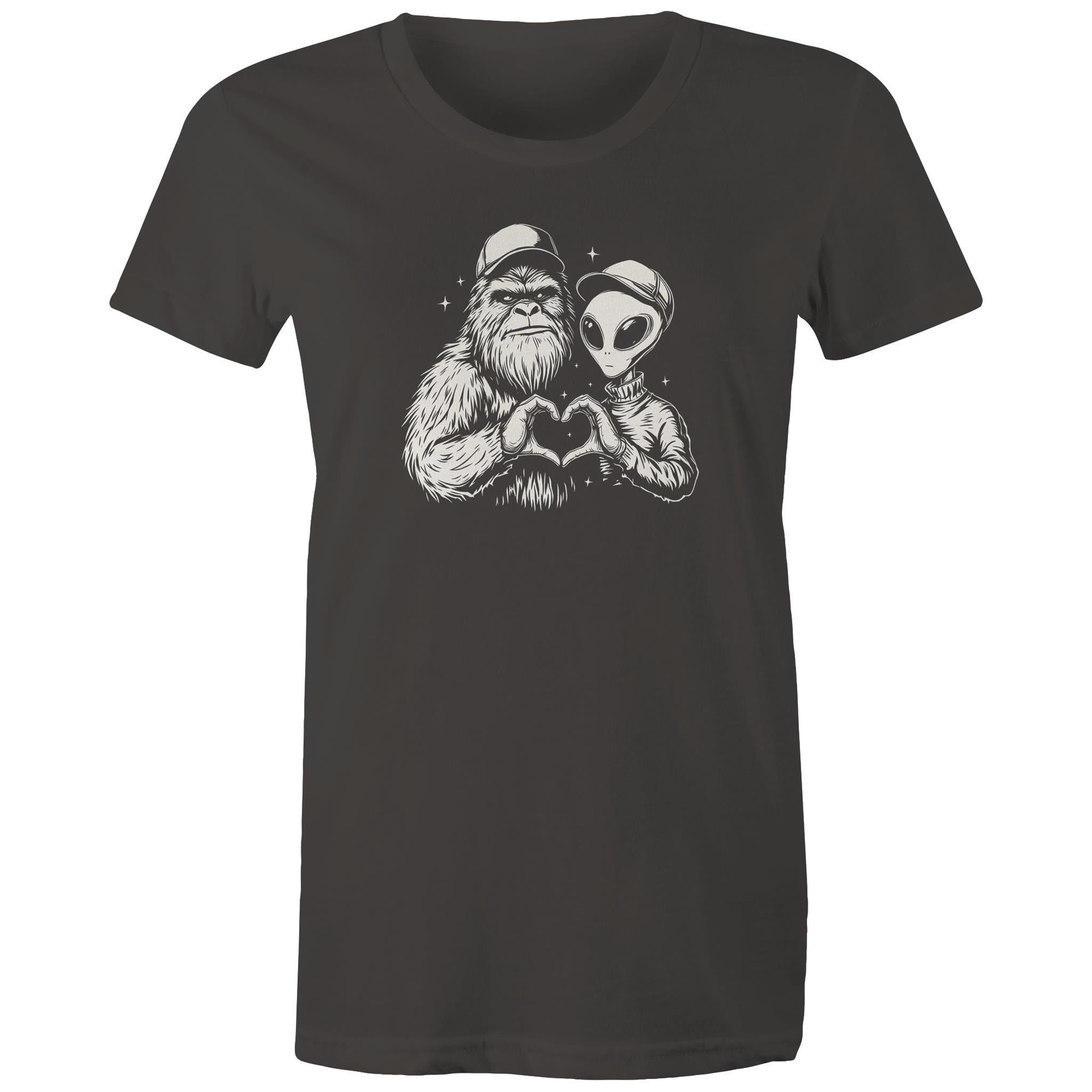 Alien Bigfoot Heart Hands - Womens T-shirt Charcoal Womens T-shirt Love Printed In Australia Sci Fi