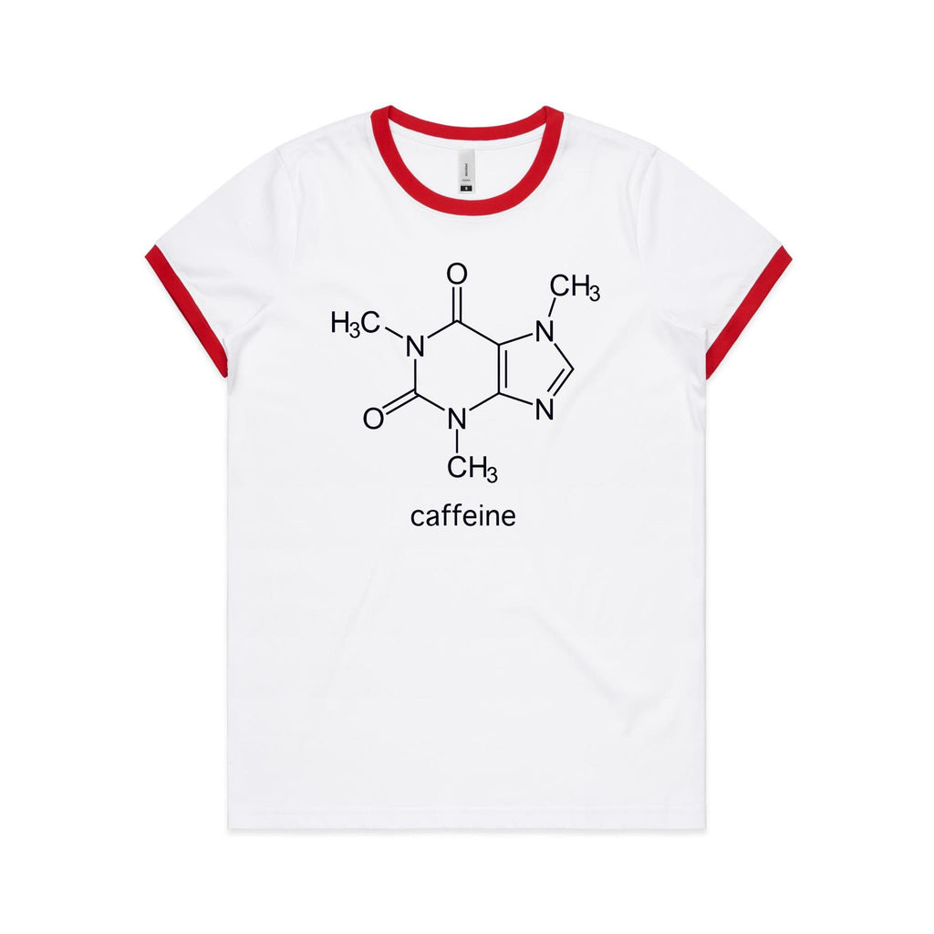 Caffeine Molecule - Women's Ringer Tee White Red Womens Ringer T-shirt Coffee Printed In Australia Science