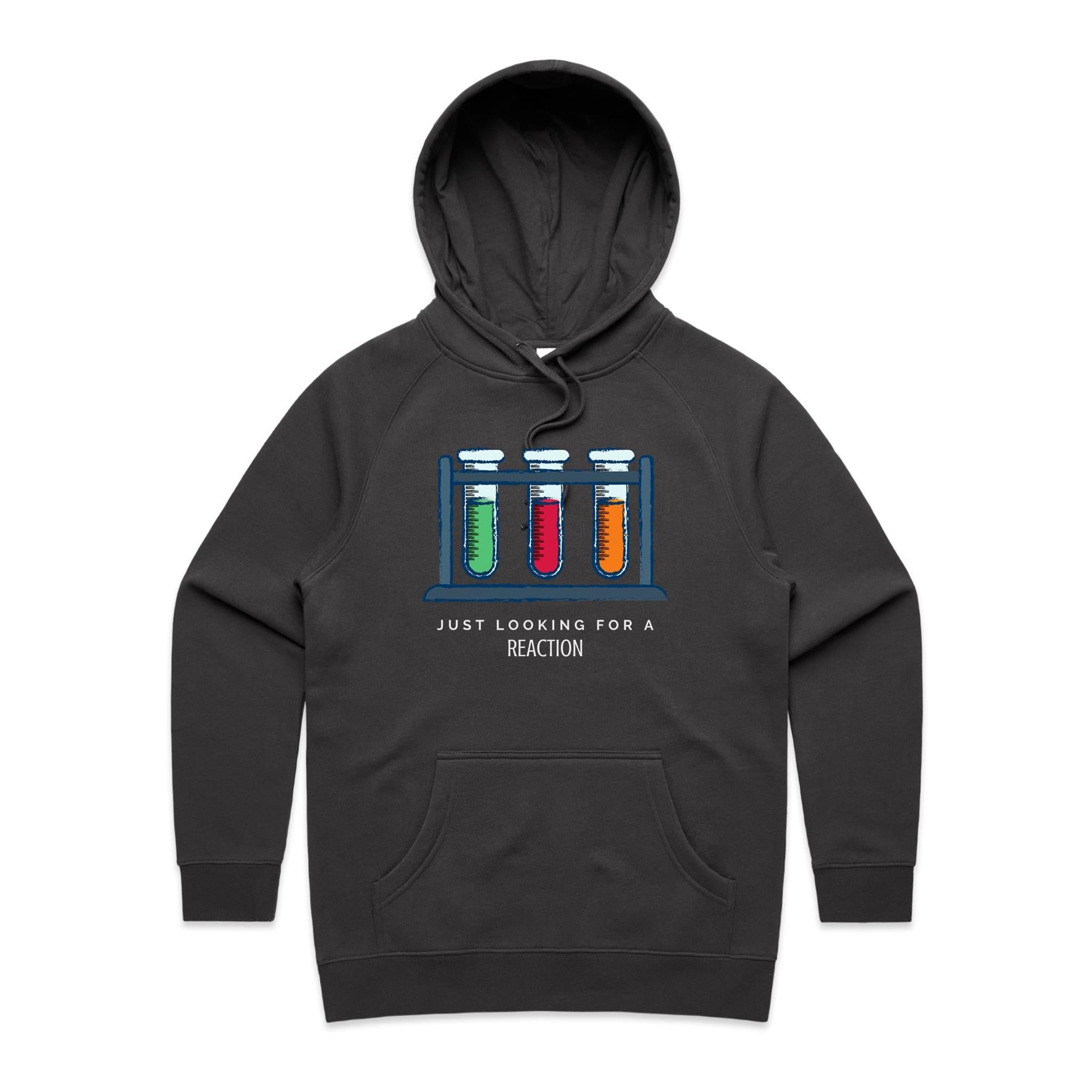 Test Tubes, Just Looking For A Reaction - Womens Hoodie Coal Womens Hoodie Printed In Australia Science