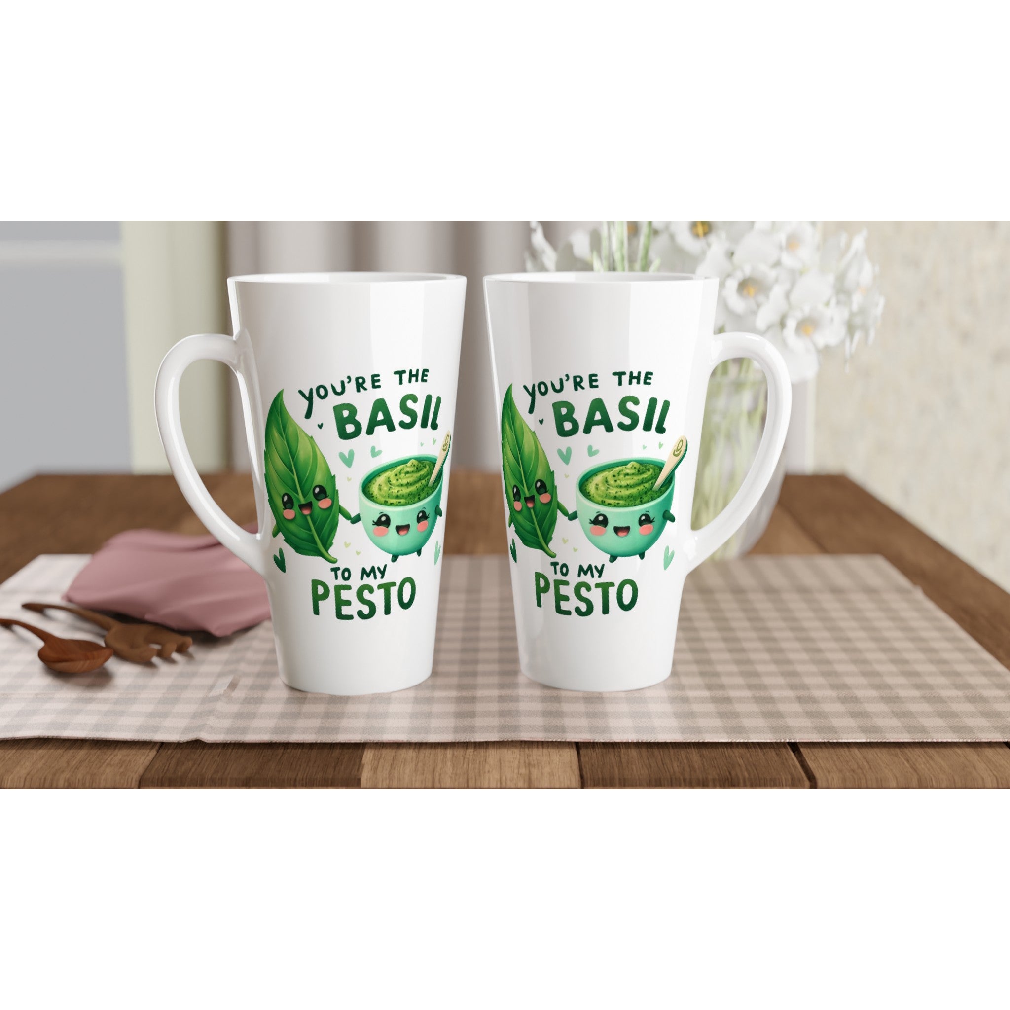 You're The Basil To My Pesto, Valentine - White Latte 17oz Ceramic Mug Latte Mug Food Globally Fulfilled Love