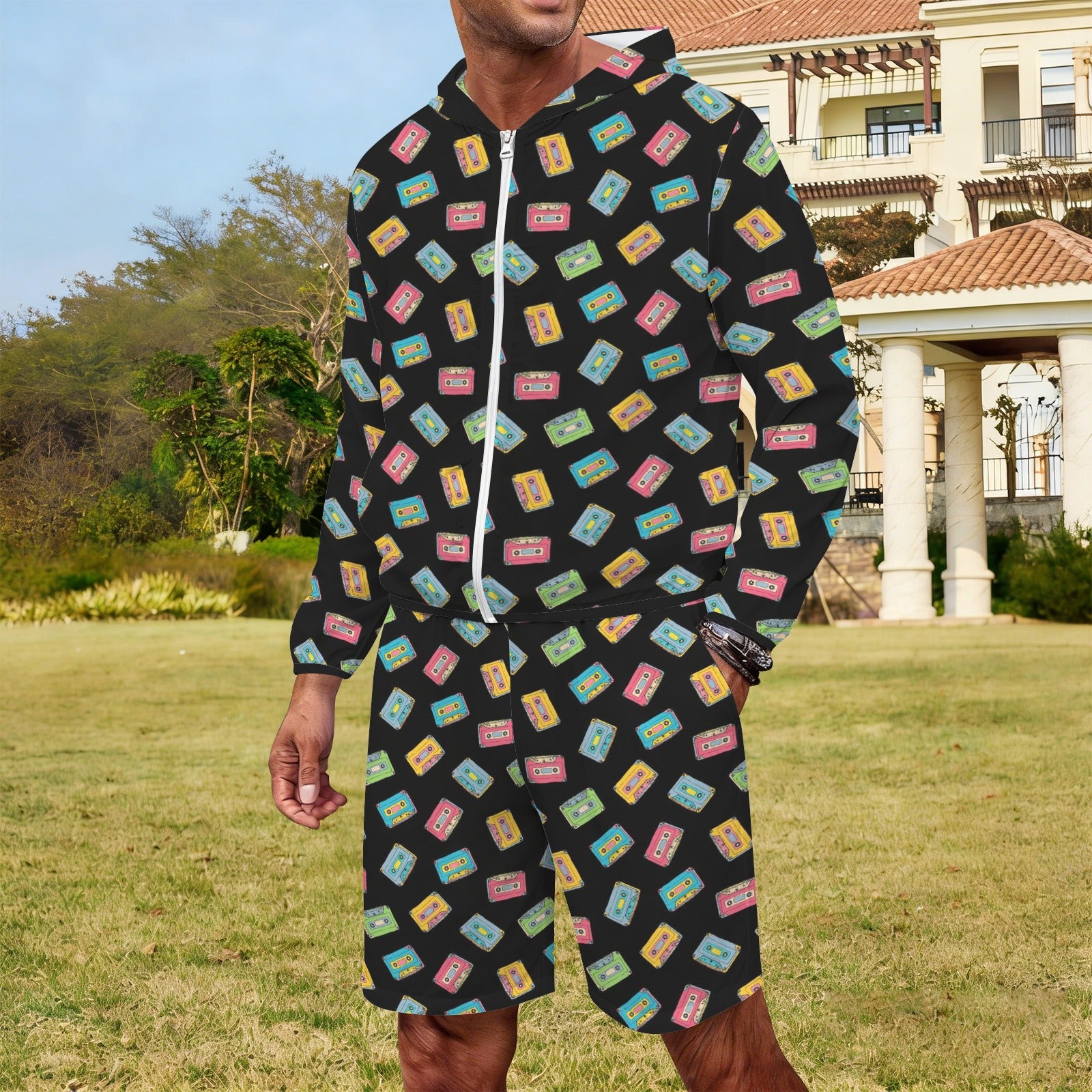 Colourful Cassettes Men's Lightweight Sun Hoodie & Shorts Set Men's Lightweight Sun Hoodie & Shorts Music Printed Offshore Retro