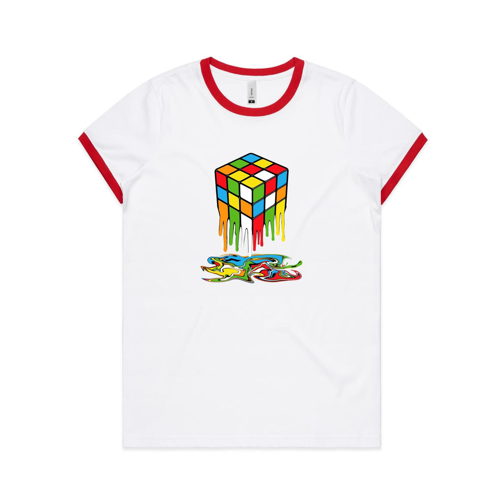 Melting Cube - Women's Ringer Tee White Red Womens Ringer T-shirt Games Printed In Australia