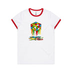 Melting Cube - Women's Ringer Tee White Red Womens Ringer T-shirt Games Printed In Australia