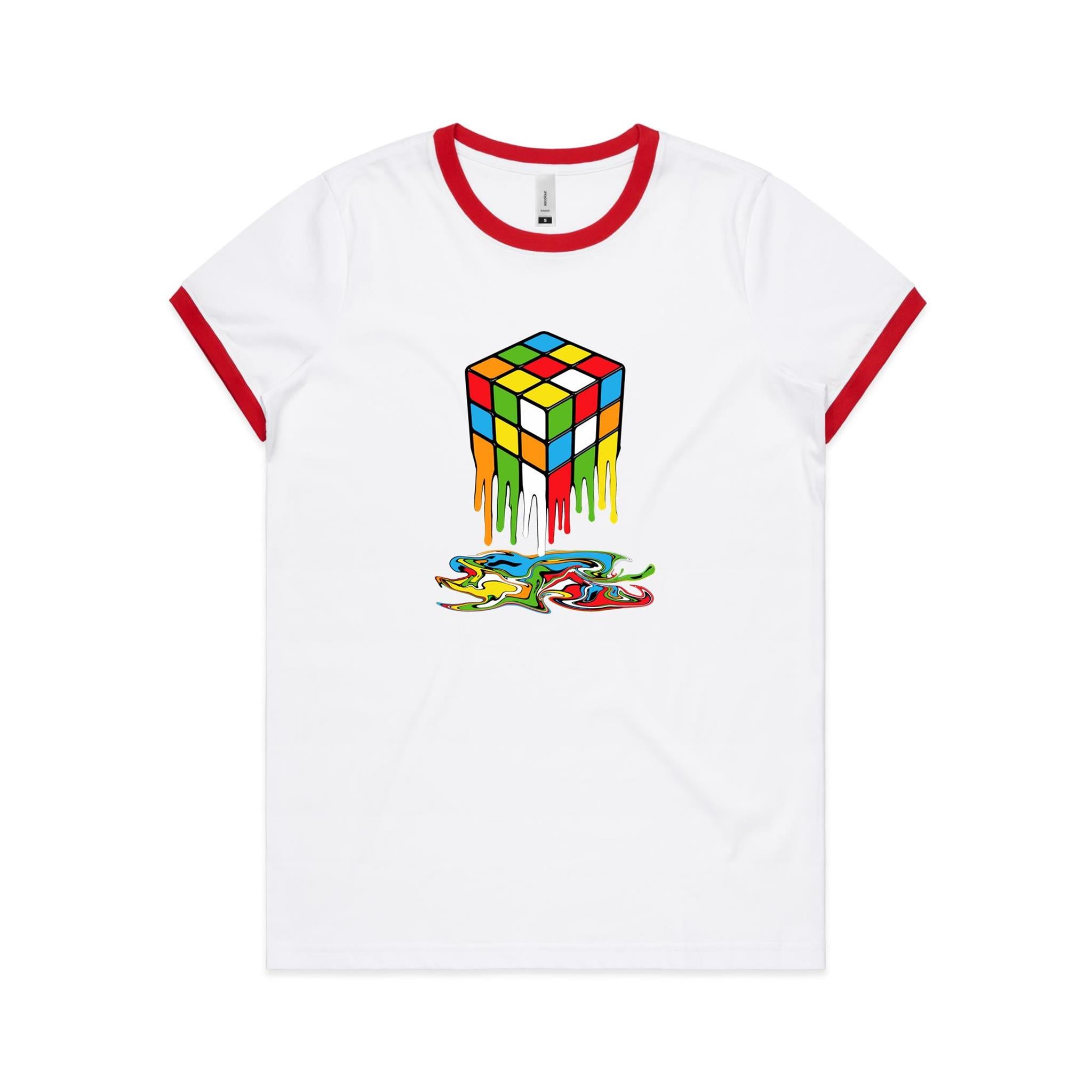 Melting Cube - Women's Ringer Tee White Red Womens Ringer T-shirt Games Printed In Australia