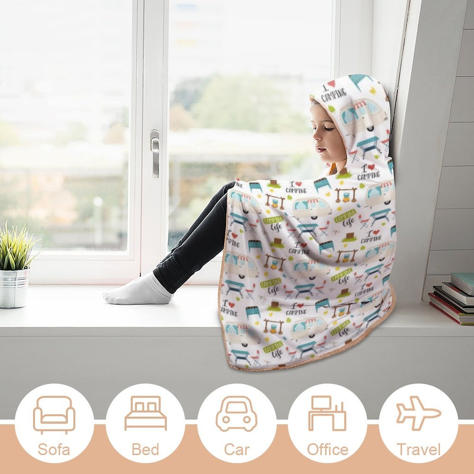 Camping Life Kids Hooded Blanket 100cm x 130cm Kids Hooded Blanket Printed Offshore