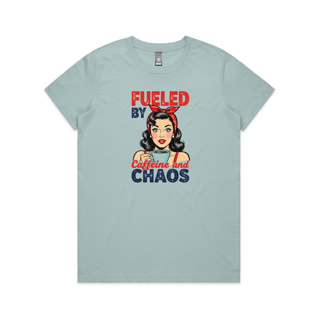 Fueled By Caffeine And Chaos, Retro Woman Women's AS Colour T-shirt Pale Blue Womens T-shirt Coffee Printed In Australia