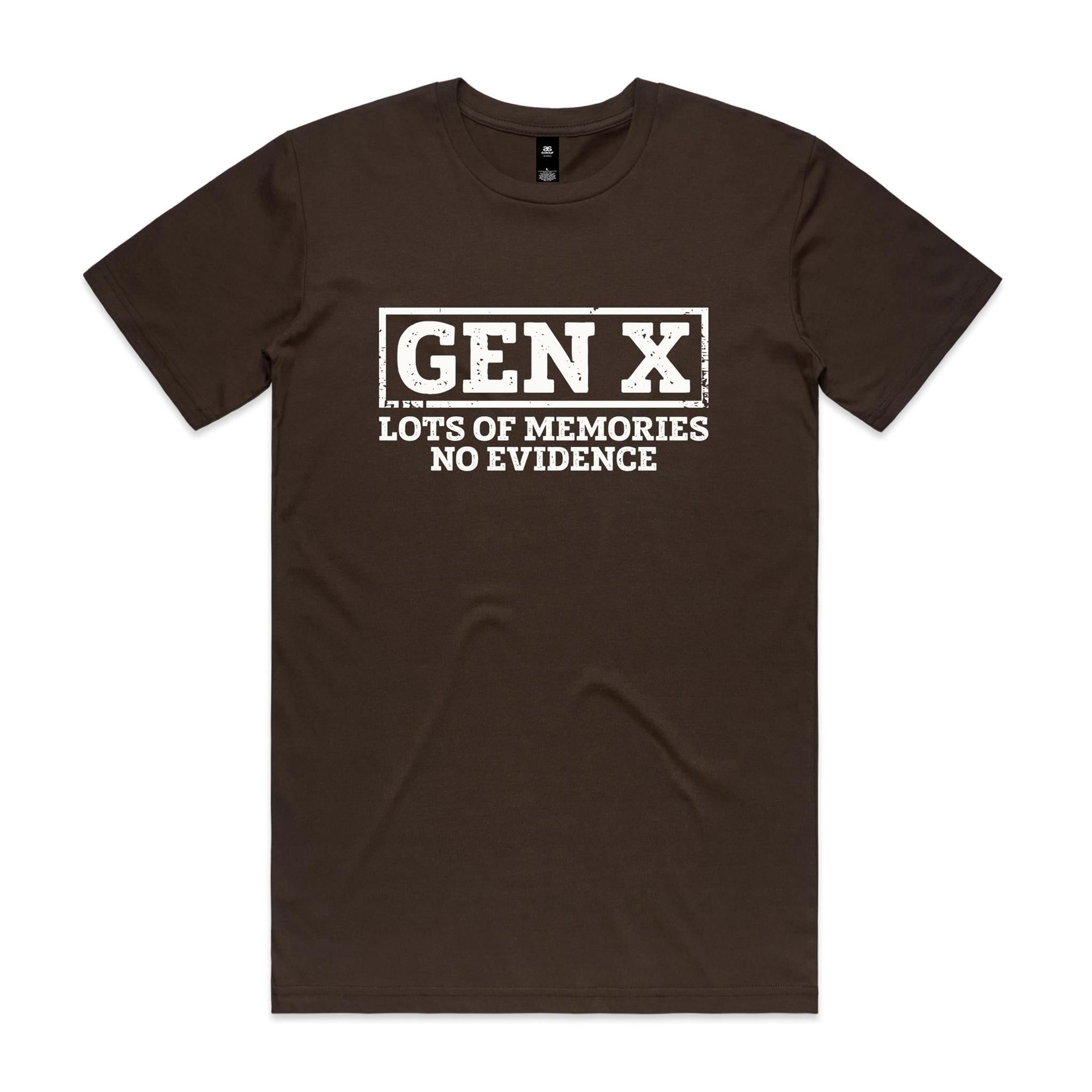 Gen X, Lots Of Memories, No Evidence - Men's AS Colour T-shirt Dark Chocolate Mens T-shirt Printed In Australia