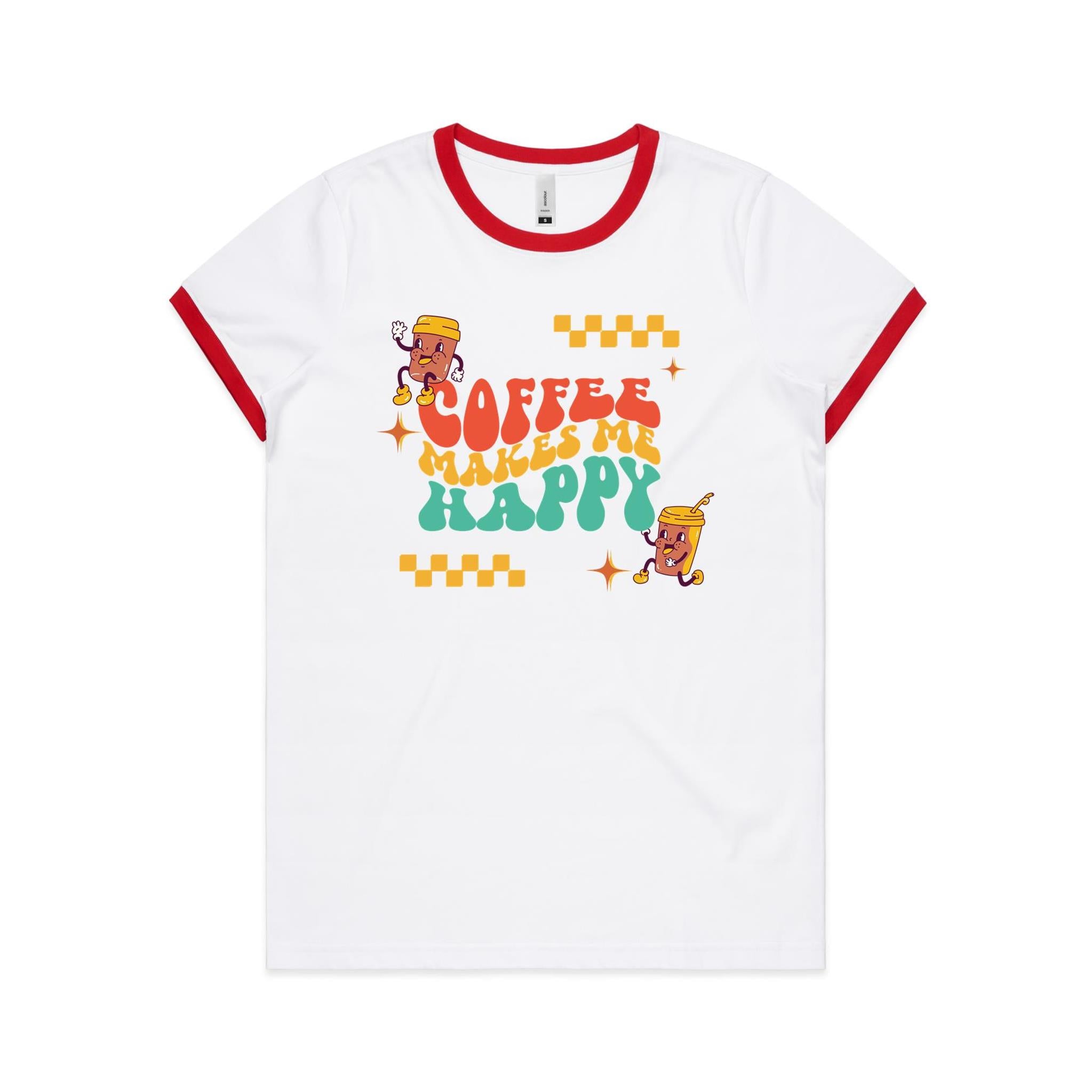 Coffee Makes Me Happy - Women's Ringer Tee White Red Womens Ringer T-shirt Coffee Printed In Australia