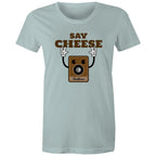 Say Cheese, Vintage Camera - Womens T-shirt Pale Blue Womens T-shirt Printed In Australia Retro