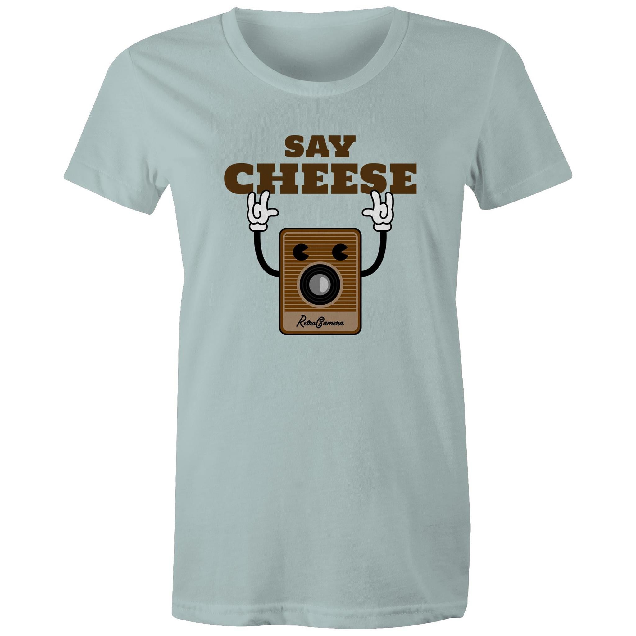 Say Cheese, Vintage Camera - Womens T-shirt Pale Blue Womens T-shirt Printed In Australia Retro