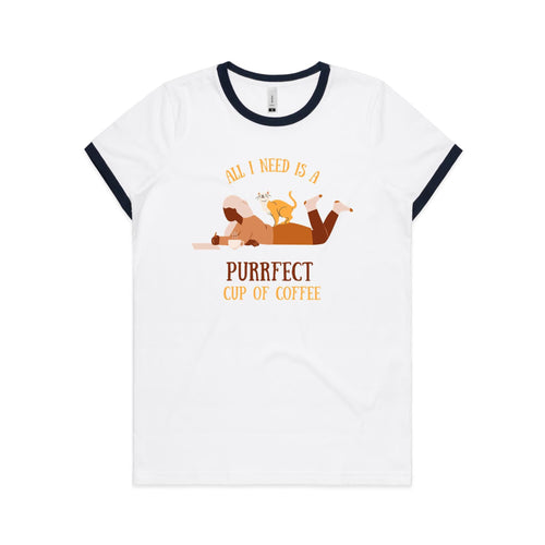 All I Need Is A Purrfect Cup Of Coffee, Cat - Women's Ringer Tee White Navy Womens Ringer T-shirt animal Coffee Printed In Australia