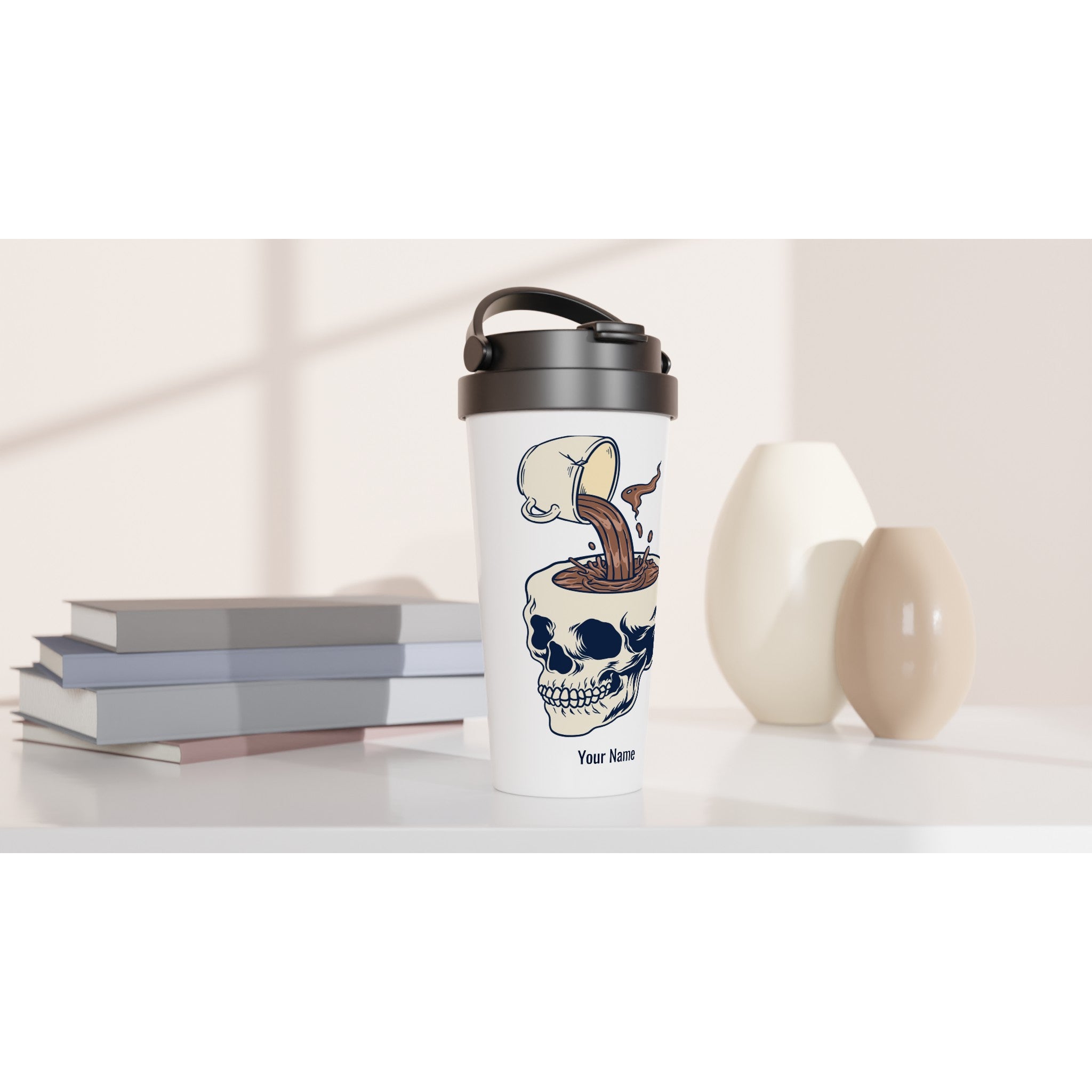 Personalised - Coffee Skull - White 15oz Stainless Steel Travel Mug Personalised Travel Mug Coffee Globally Fulfilled