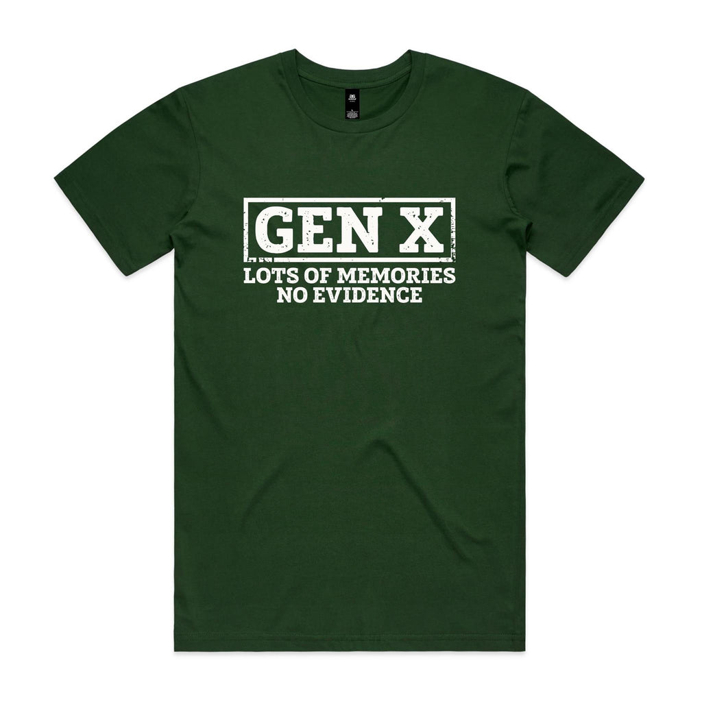 Gen X, Lots Of Memories, No Evidence Men's AS Colour T-shirt Forest Green Mens T-shirt Printed In Australia