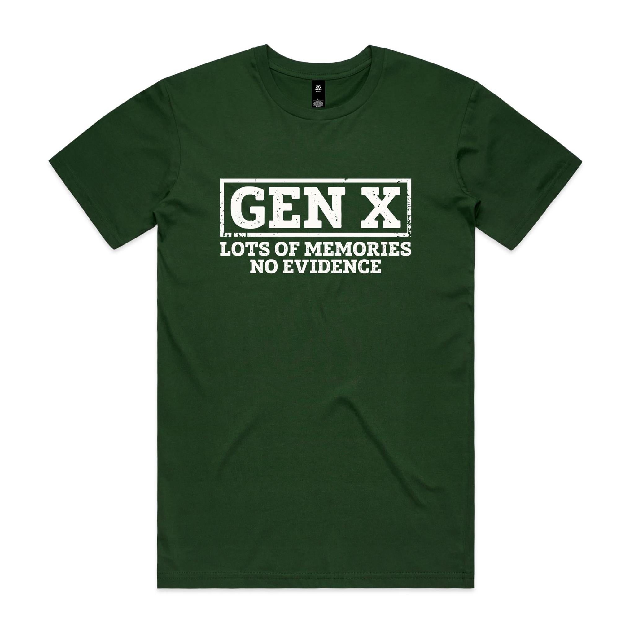 Gen X, Lots Of Memories, No Evidence - Men's AS Colour T-shirt Forest Green Mens T-shirt Printed In Australia