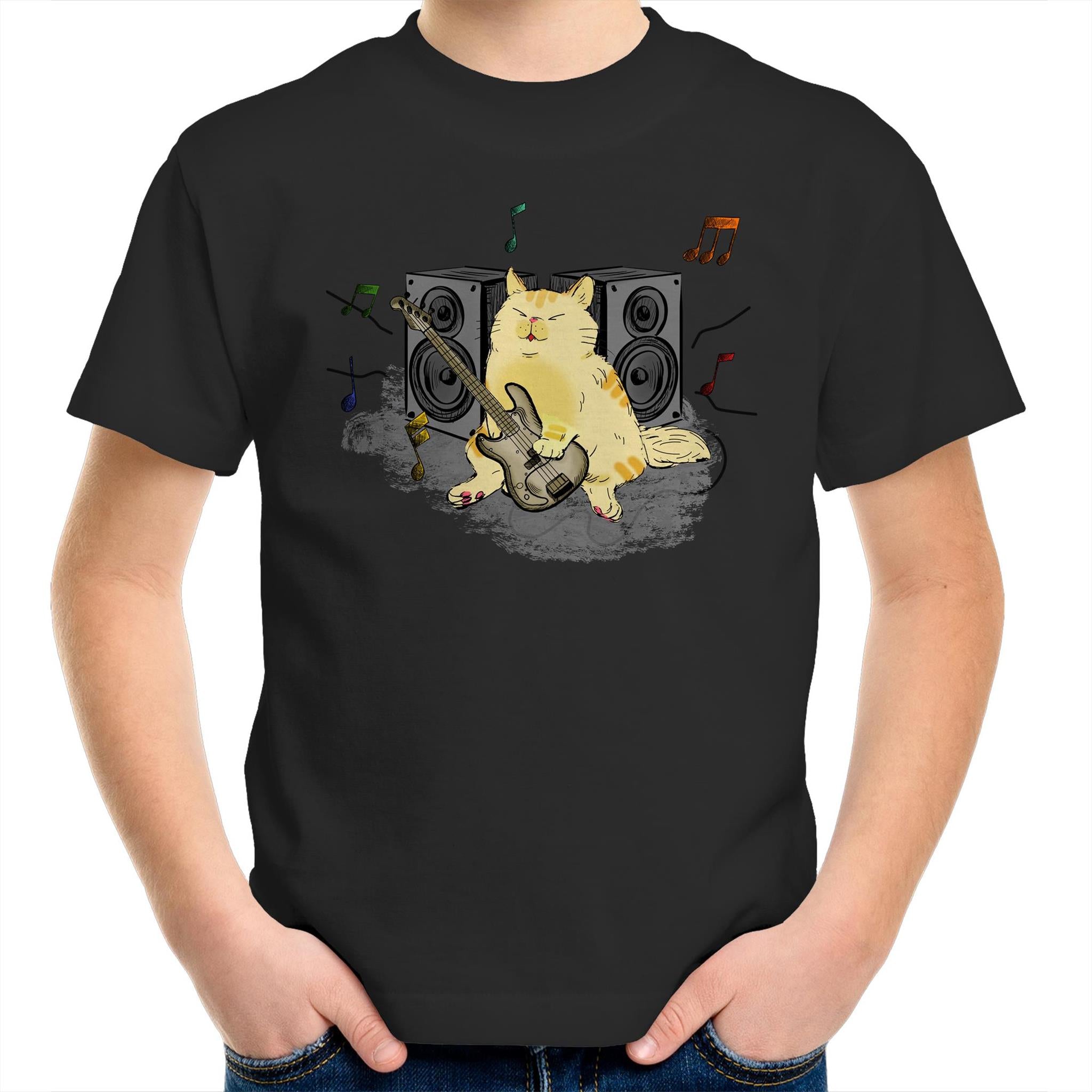 Cat Bass Player - Kids Youth T-Shirt Black Kids Youth T-shirt animal Music Printed In Australia