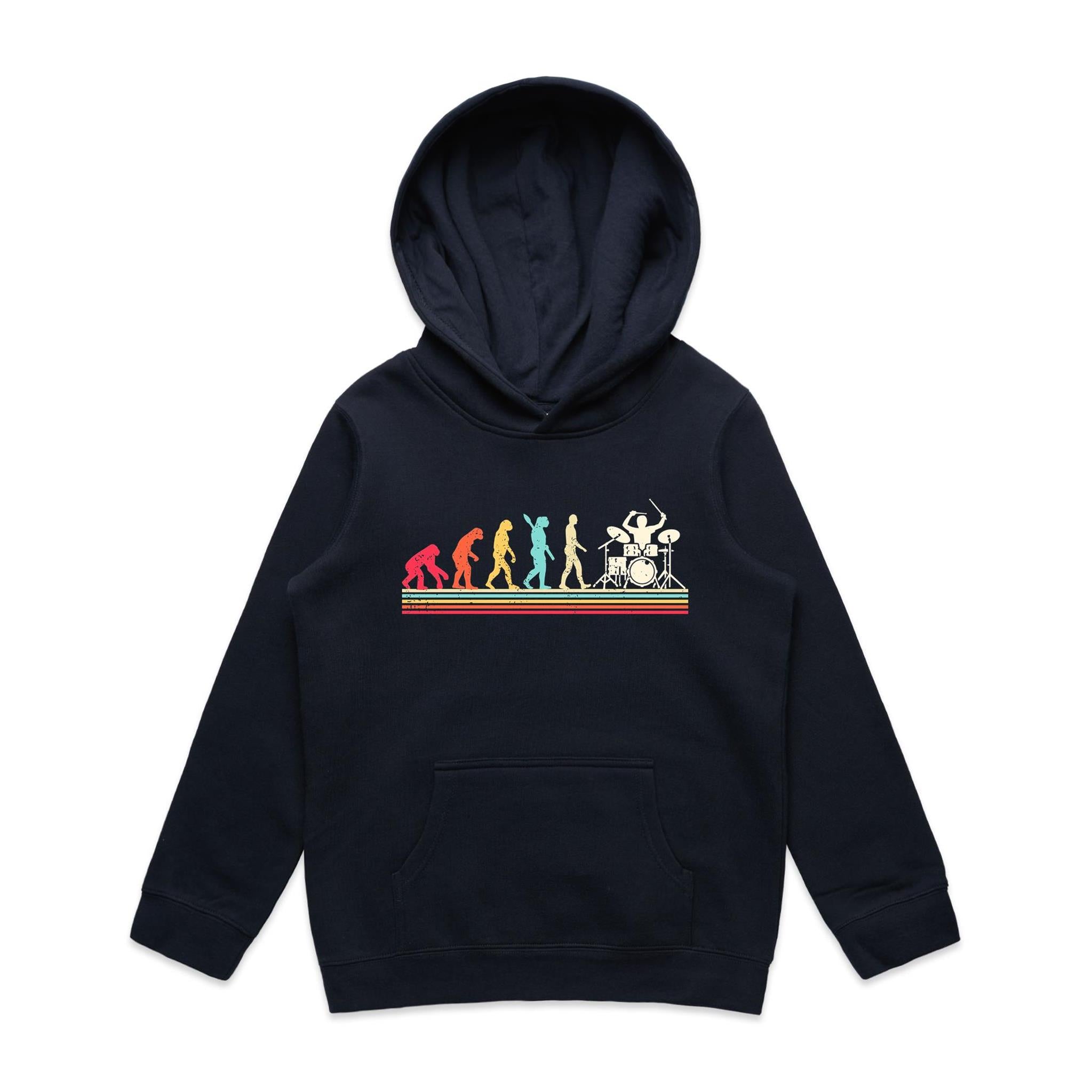 Drummer Evolution - Kids Hoodie Navy Kids Hoodie Music Printed In Australia