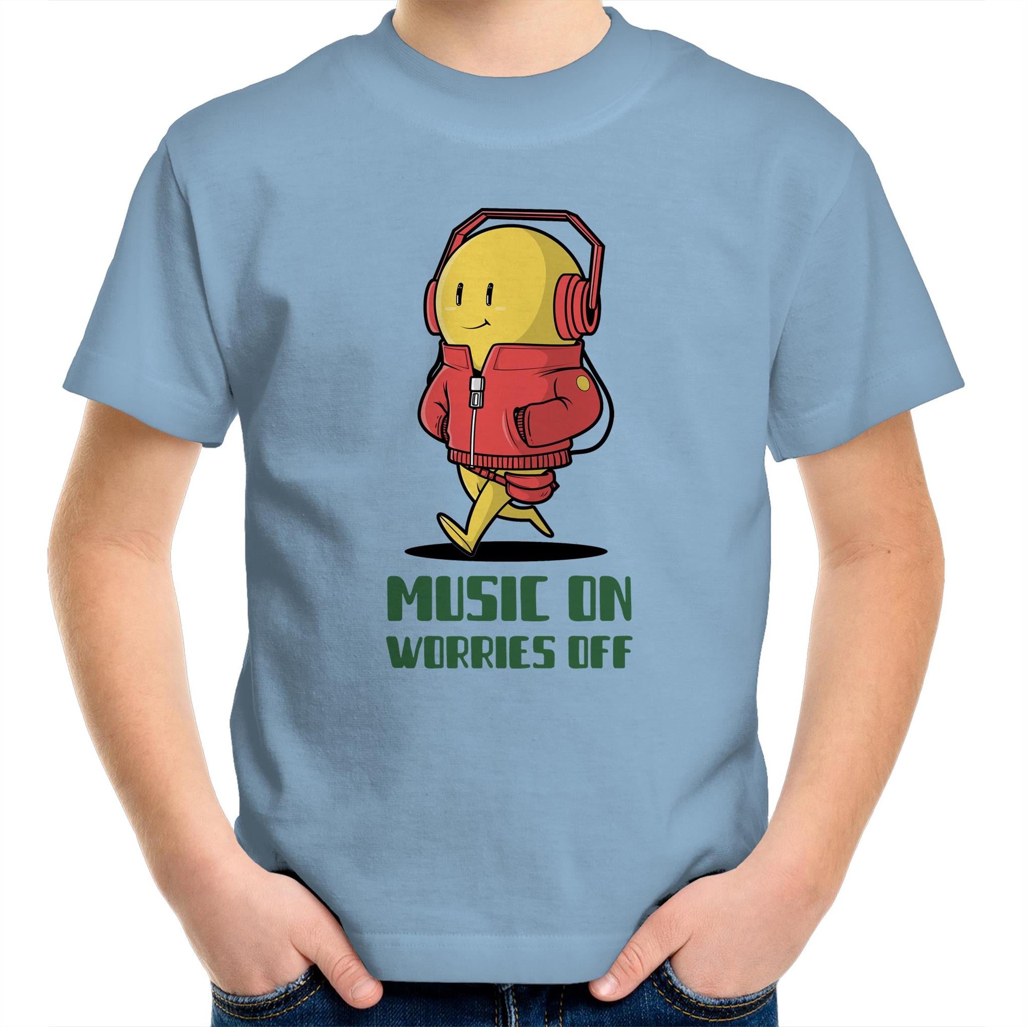 Music On, Worries Off, Headphones - Kids Youth T-Shirt Carolina Blue Kids Youth T-shirt Music Printed In Australia