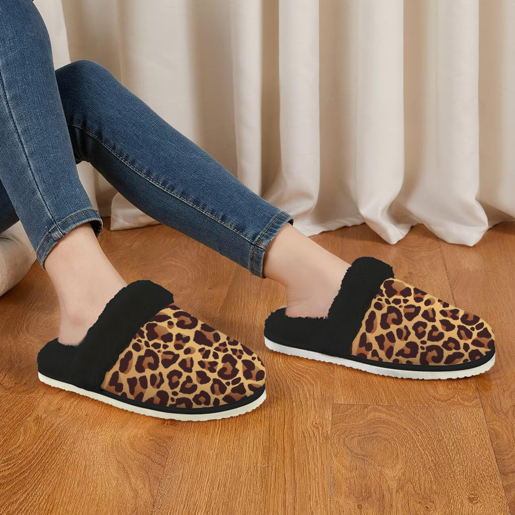 Leopard Print Women's Fur Trim Thick-Sole Indoor Slippers Women's Fur Trimmed Slippers animal Printed Offshore