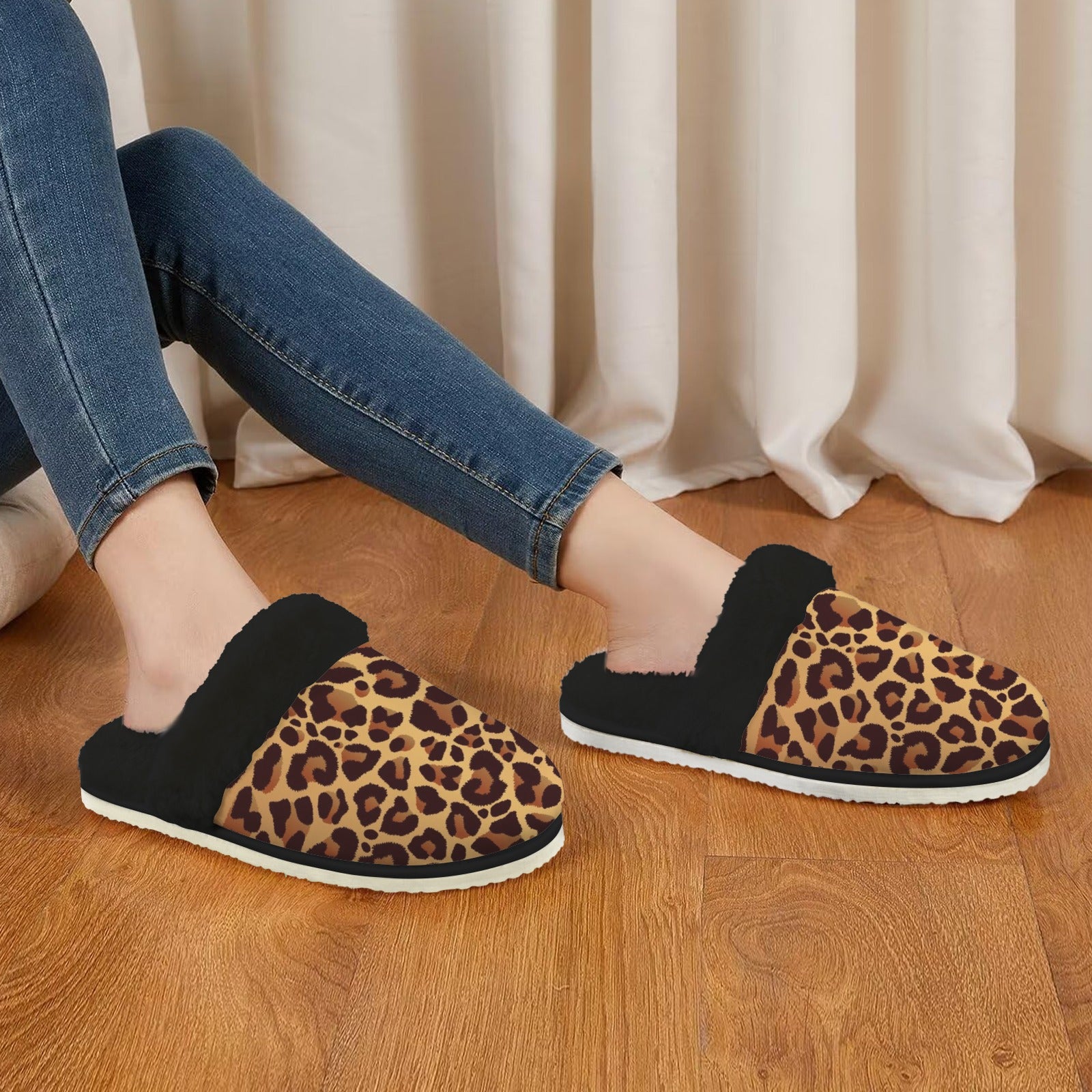 Leopard Print Women's Fur Trim Thick-Sole Indoor Slippers Women's Fur Trimmed Slippers animal Printed Offshore