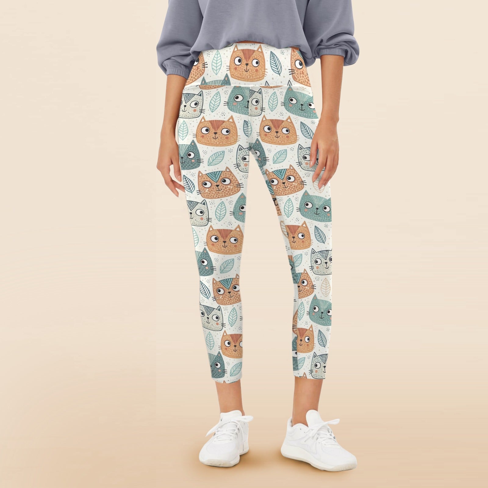 Cute Cat Faces - Women's High Waist Pockets Yoga Leggings