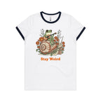 Stay Weird, Guitar Playing Frog On A Snail AS Colour Women's AS Colour Ringer Tee White Navy Womens Ringer T-shirt animal Music Printed In Australia