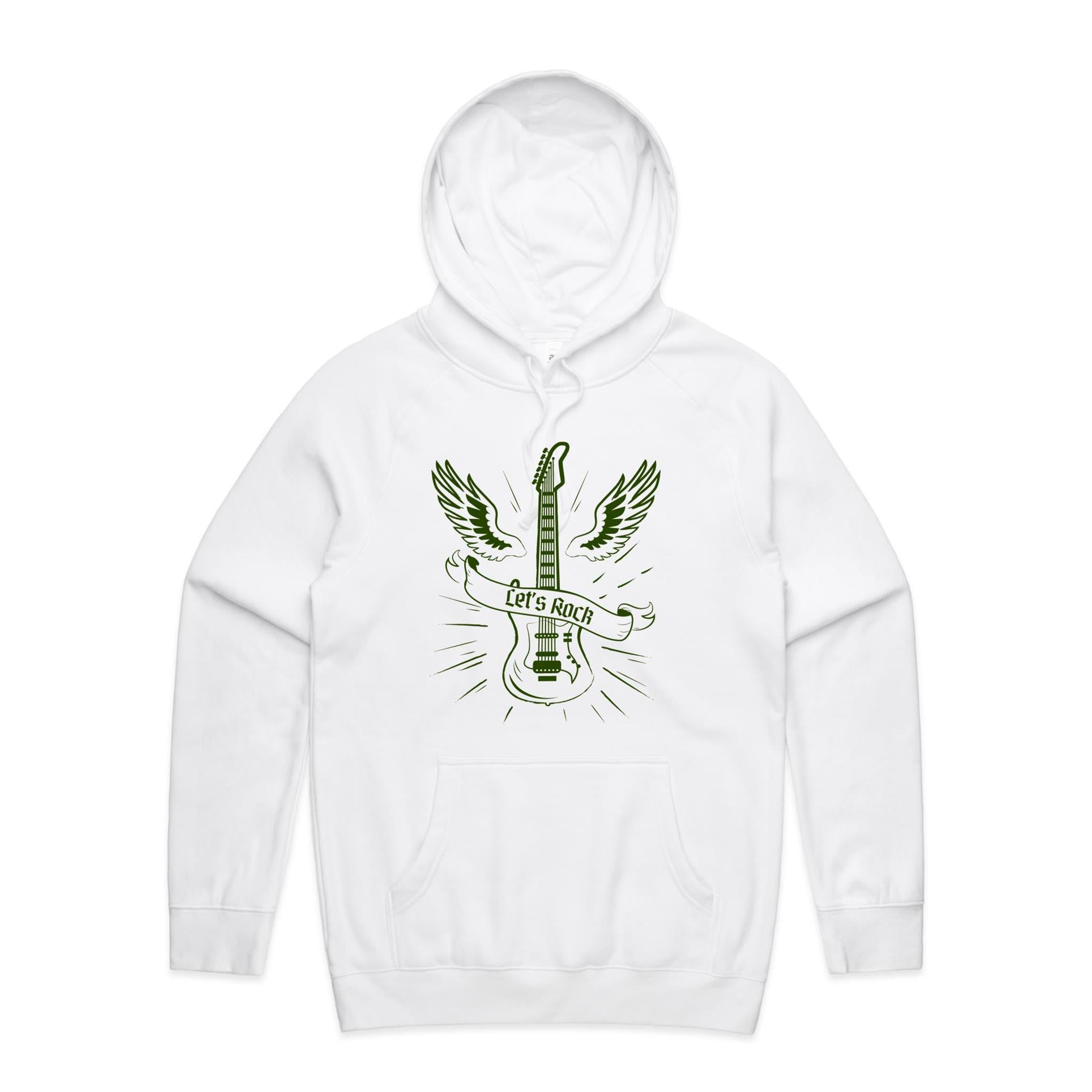 Guitar, Let's Rock - Mens Hoodie White Mens Hoodie Music Printed In Australia