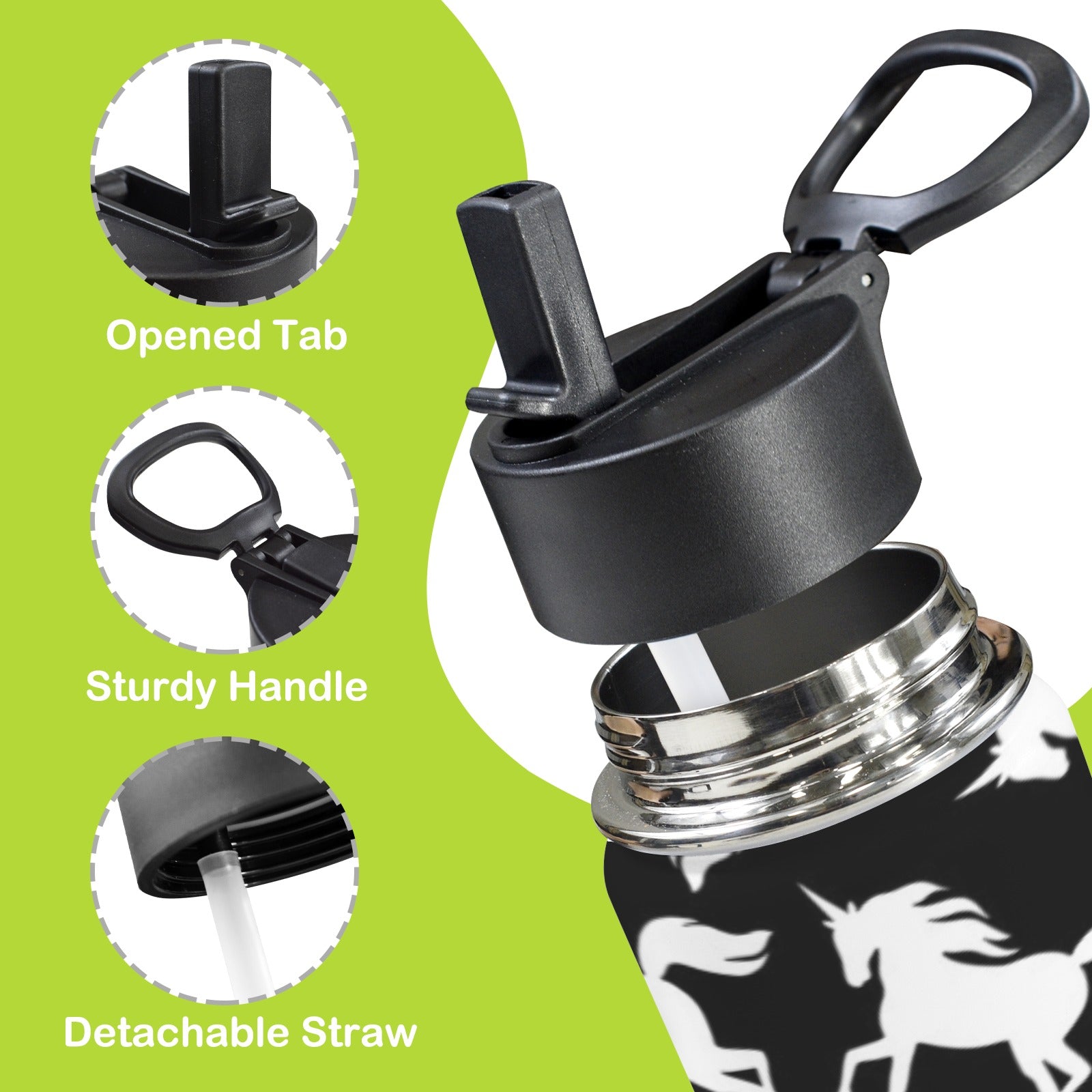 Black And White Unicorn - 12oz Kids Water Bottle with Straw Lid