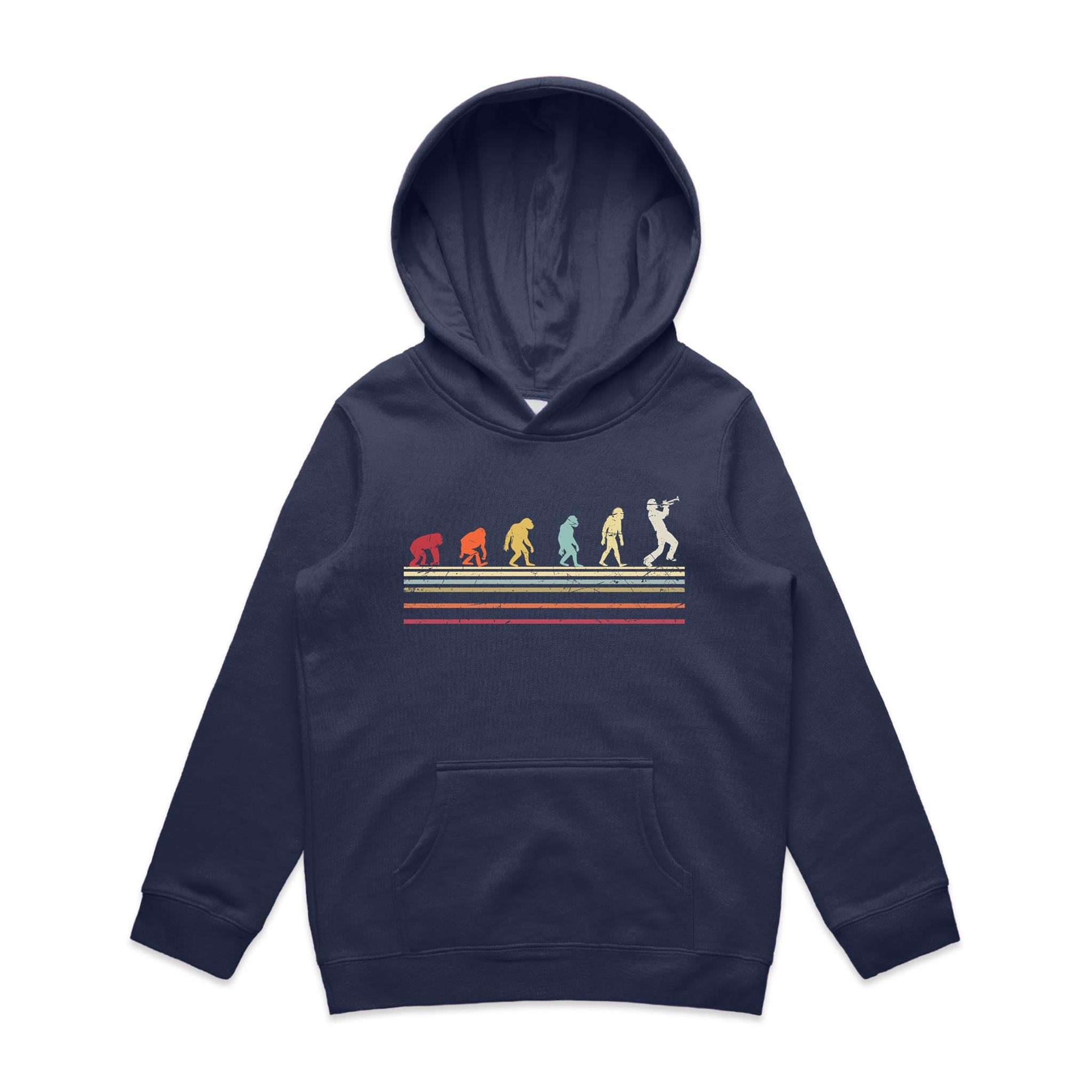 Trumpet Player Evolution - Kids Hoodie Midnight Blue Kids Hoodie Music Printed In Australia