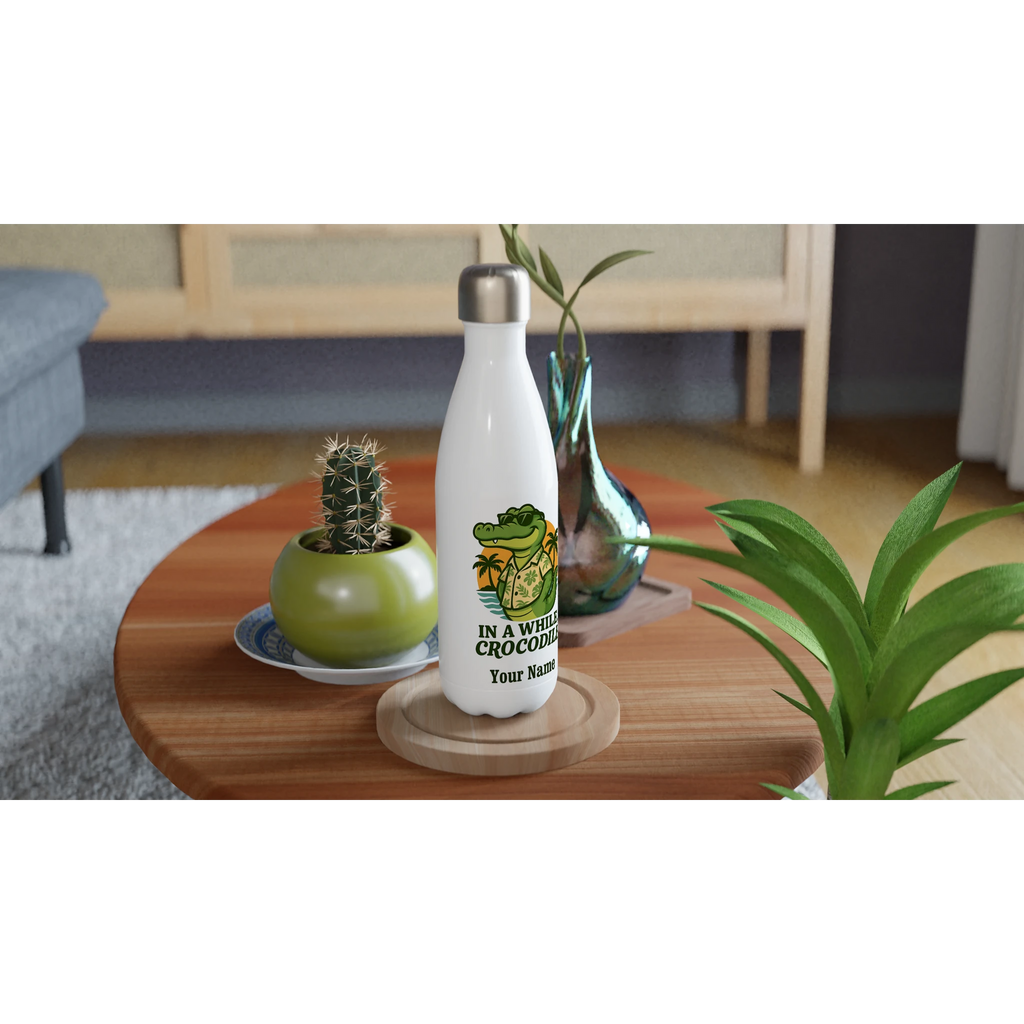 Personalised In A While, Crocodile White 17oz Stainless Steel Water Bottle Personalised Water Bottle animal Globally Fulfilled