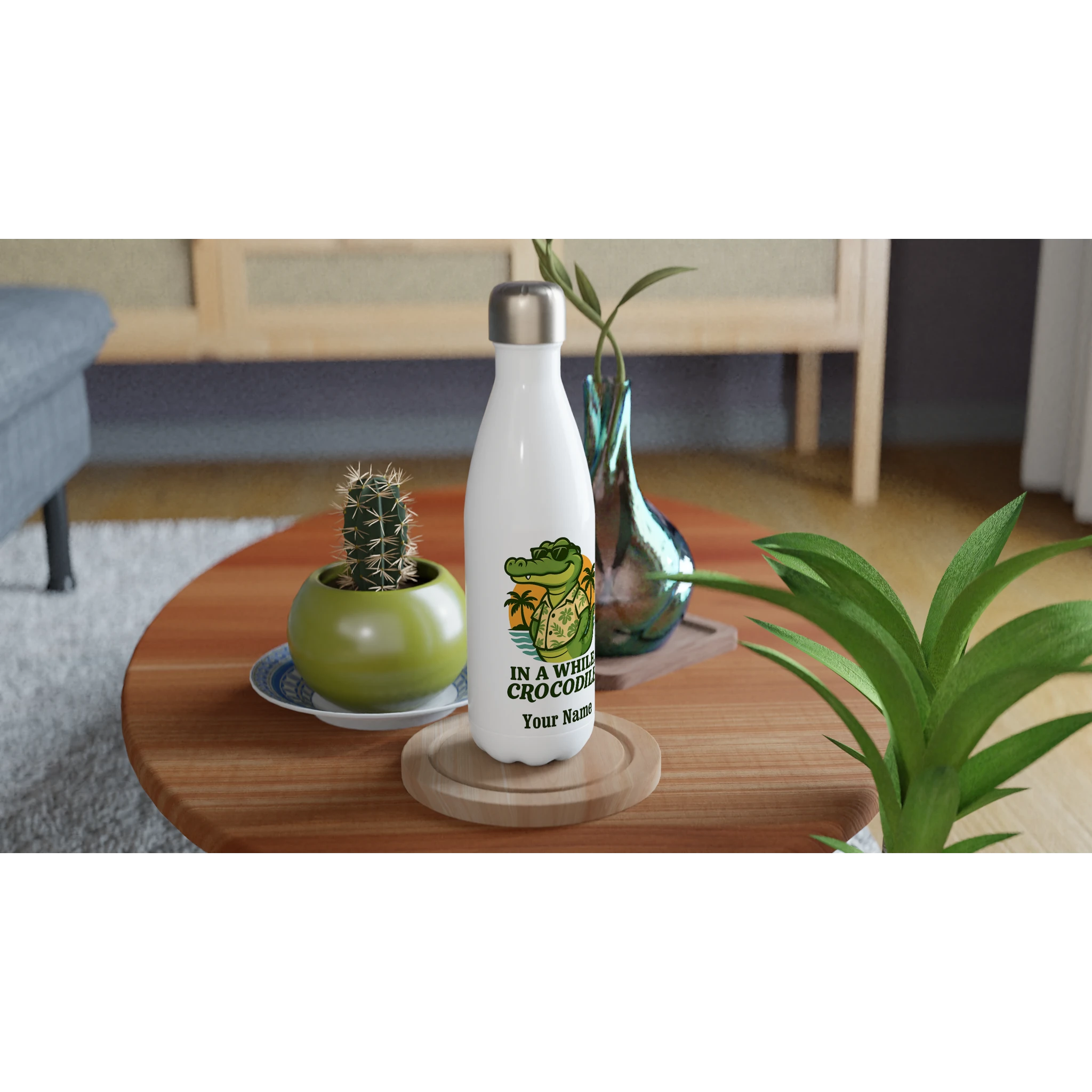 Personalised In A While, Crocodile White 17oz Stainless Steel Water Bottle Personalised Water Bottle animal Globally Fulfilled